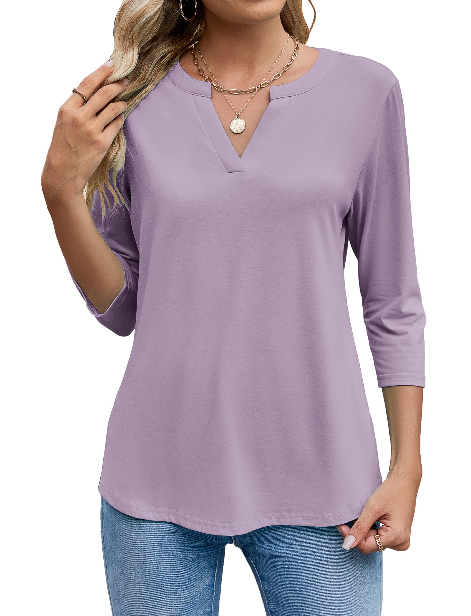 Sherosa Women's 3/4 Sleeve Shirts V Neck Casual Henley Work Tops Blouses