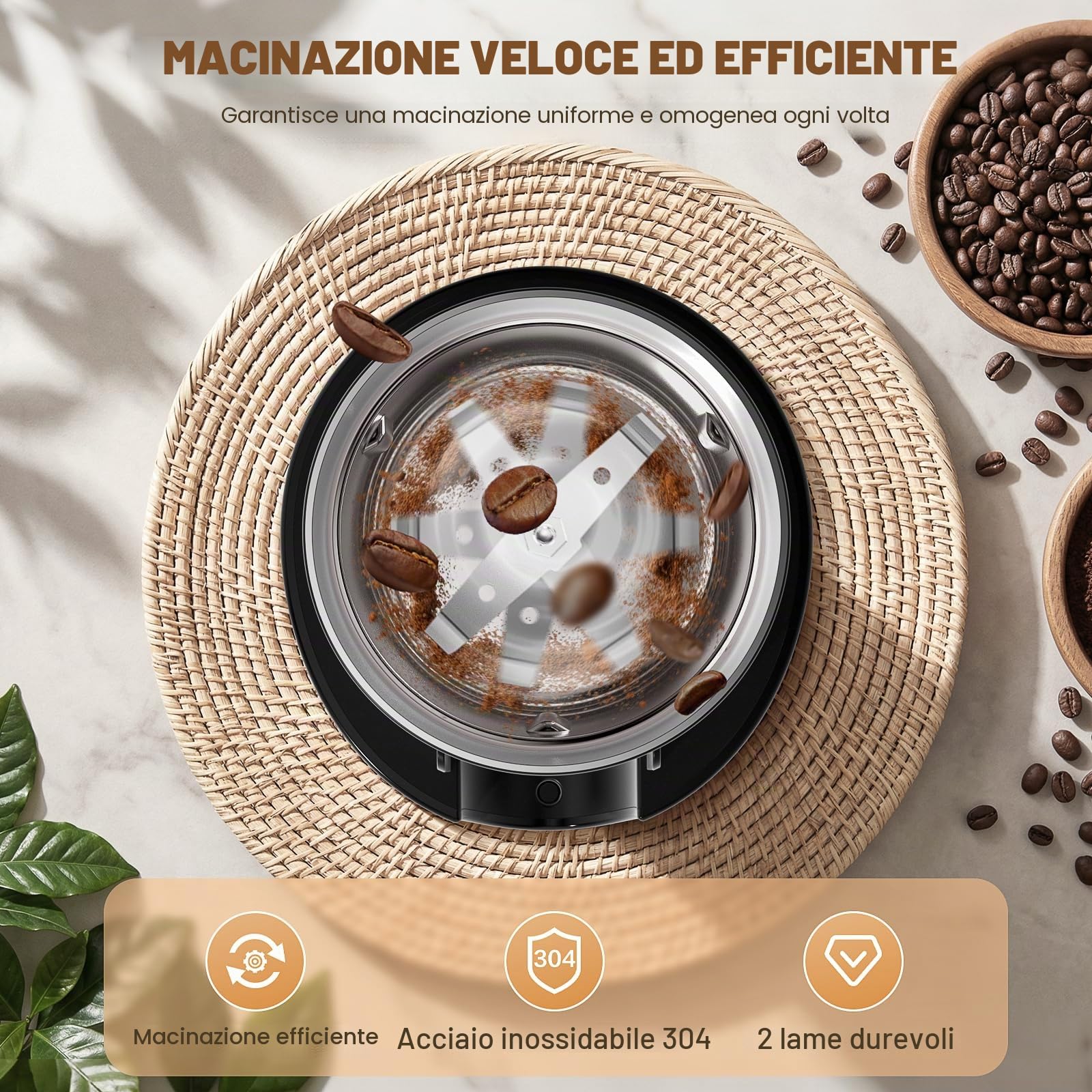 Macinacaffè Elettrico 300W Capacità 80g e Lama in Acciaio Inossidabile Macinacaffè Versatile, Adatto per Macinare Chicchi di Caffè, Spezie Facile da Usare e Pulire Perfetto per Casa o Viaggi