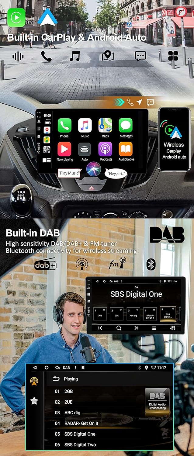 Image showing the YUNTX car radio display with CarPlay and Android Auto interfaces, along with a section demonstrating DAB+ radio functionality and a user listening to digital radio.