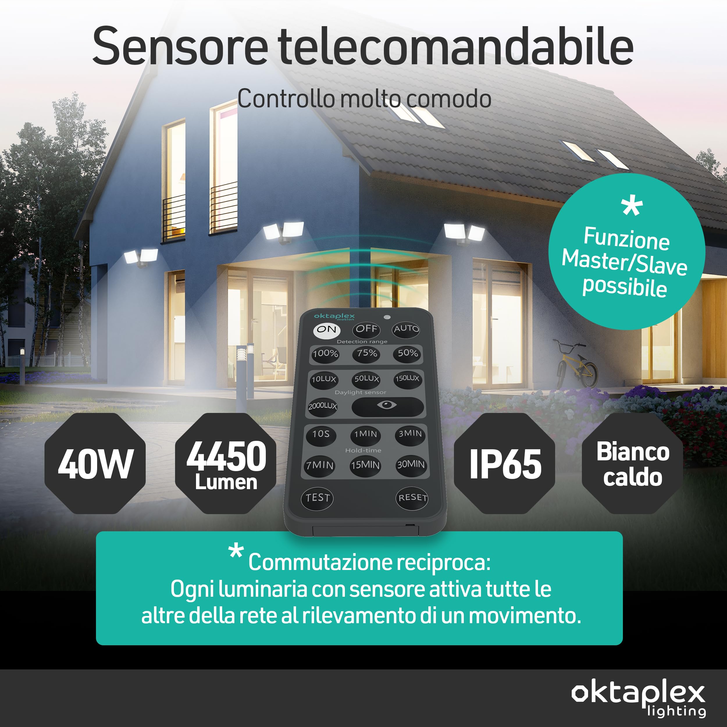 Oktaplex lighting Okatplex faretto LED per esterni 40W con sensore di movimento IP65 4450lm telecomando incluso Proiettore LED Cali bianco caldo 3000K antracite