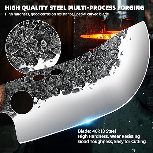 Miniatura 3 de VARLEA Cuchillo de carnicero forjado a mano, acero de alto carbono, espiga completa con funda de cuero, cuchillo al aire libre para cocina y