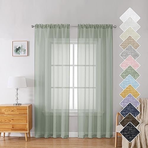 Lecloud Doris - Juego de 2 paneles de cortinas traslúcidas color verde salvia de 84 pulgadas de largo, cortina estética de lino sintético de gasa