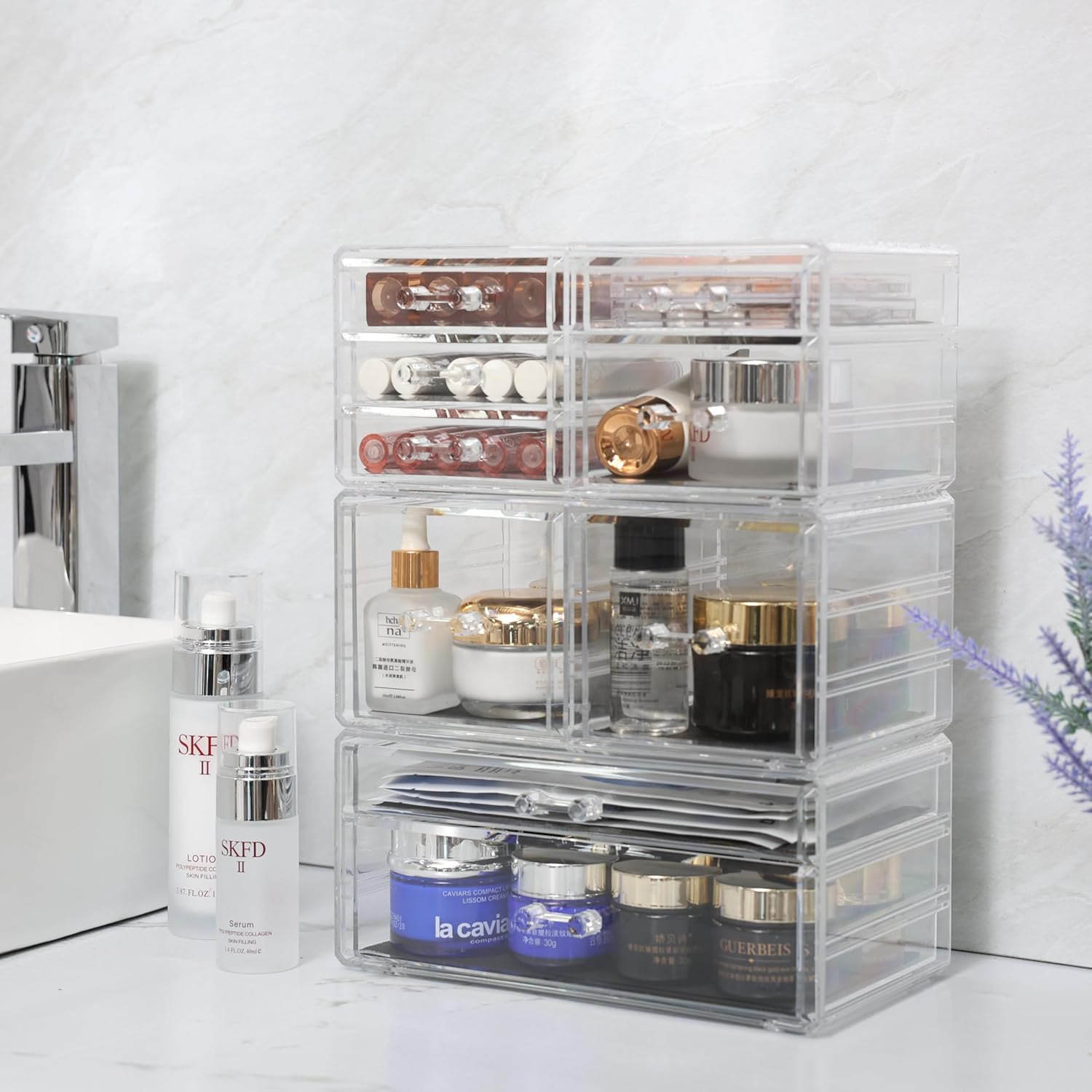 Cq acrylic Clear Stackable Storage Drawers,Plastic Makeup Organizer and Bathroom Storage Bins WIth 9 Drawers For Make up,Medicine,Craft,Pen,Beauty and Office Supply Organizer - Image 7