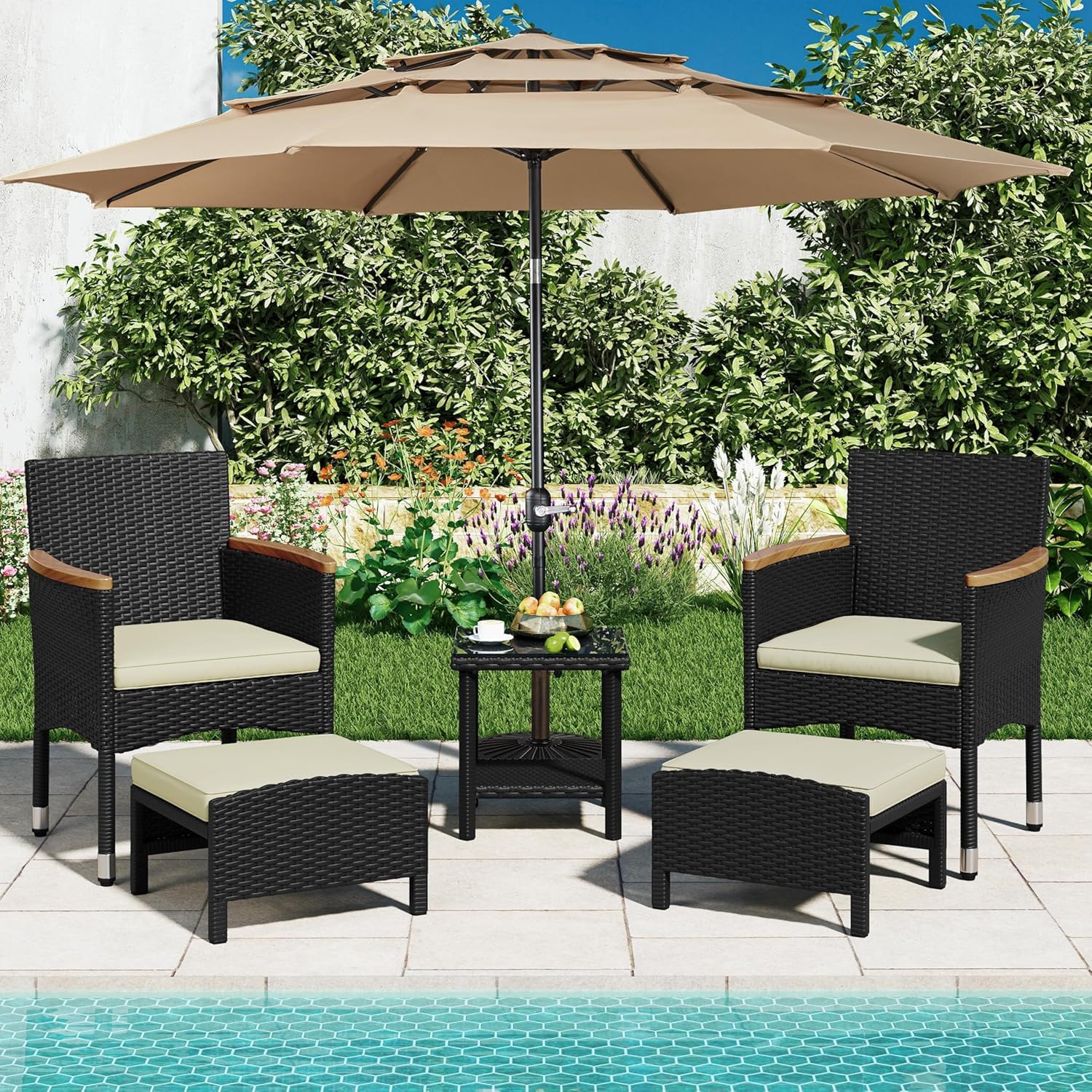 Yaheetech 5er Set Rattan Gartenmöbel Balkonmöbel Terassenmöbel Außen Kleiner Balkon mit 2 Einzelsofas & 2 Fußhocker & 1 Kaffeetisch, Schwarz & Beige