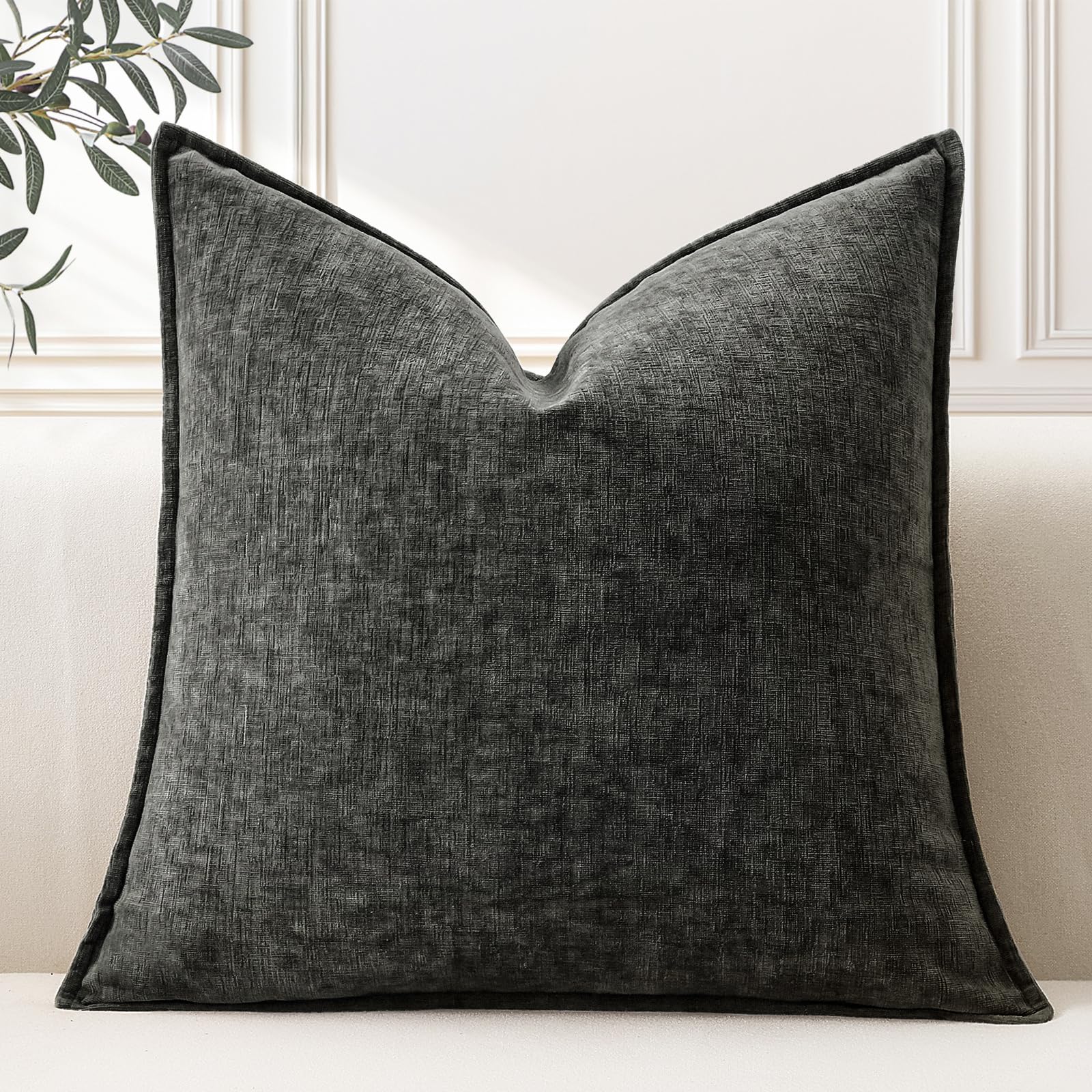 Sungeek Soft Chenille Cushion Cover 60x60cm Square Decorative Throw Pillow Cover with Stitched Edge Solid Dyed Pillow Case Cover for Home Decor Couch Sofa Bed Living Room, Dark Grey
