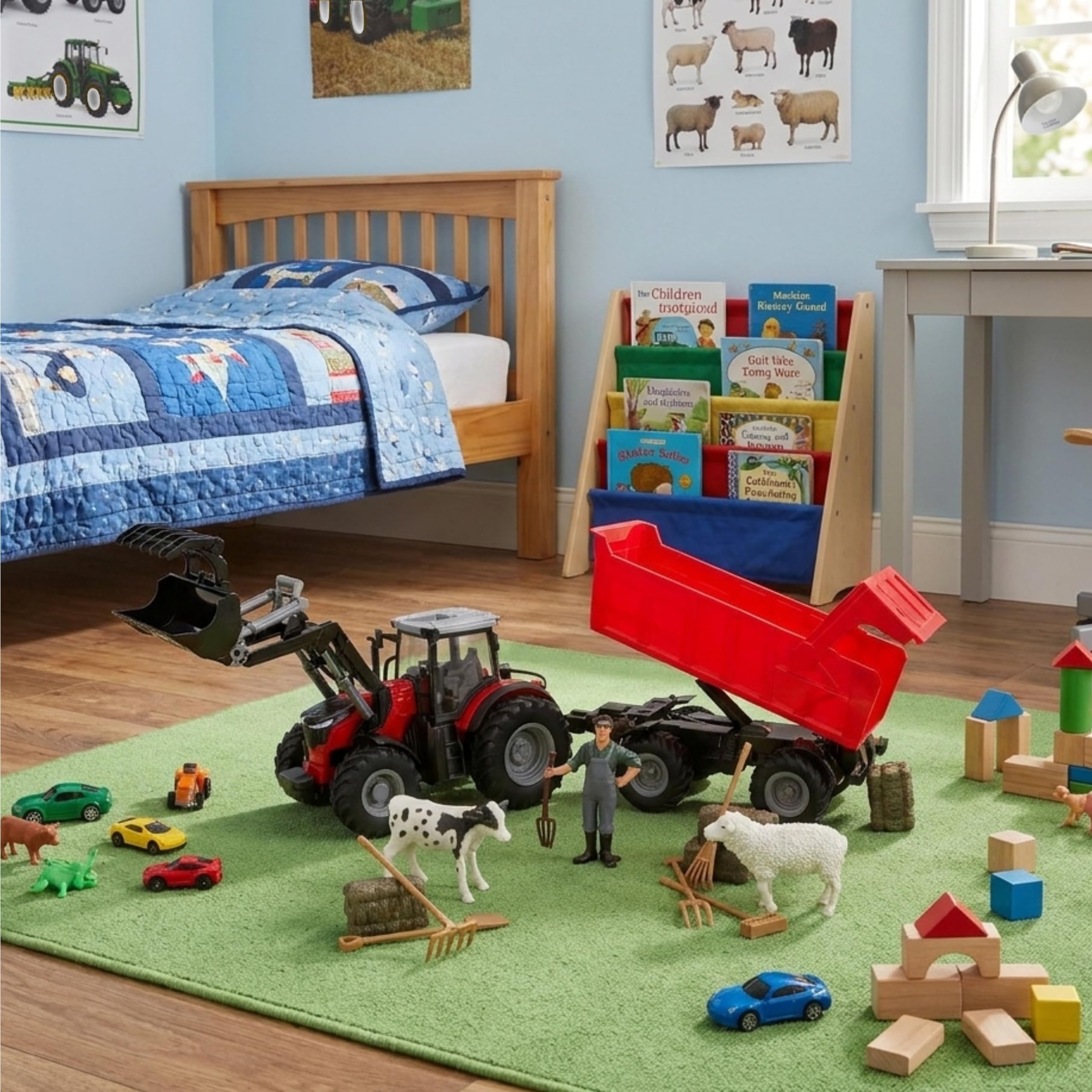 Toyland® 1:24 Tracteur Rouge télécommandé avec Chargeur Frontal, remorque basculante motorisée et Accessoires - de Jeu avec lumières Chargement USB - Batterie Rechargeable Incluse - Véhicule de Ferme