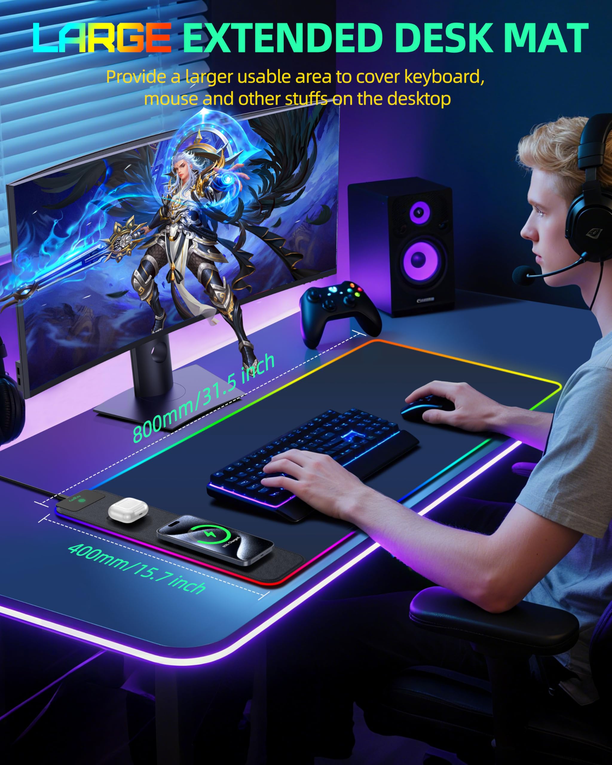 Tappetino per mouse con ricarica wireless, tappetino da scrivania da gioco RGB, tappetino da scrivania XXL da 80 x 40 cm, 15 modalità di illuminazione, tappetino per mouse antiscivolo, tappetino per