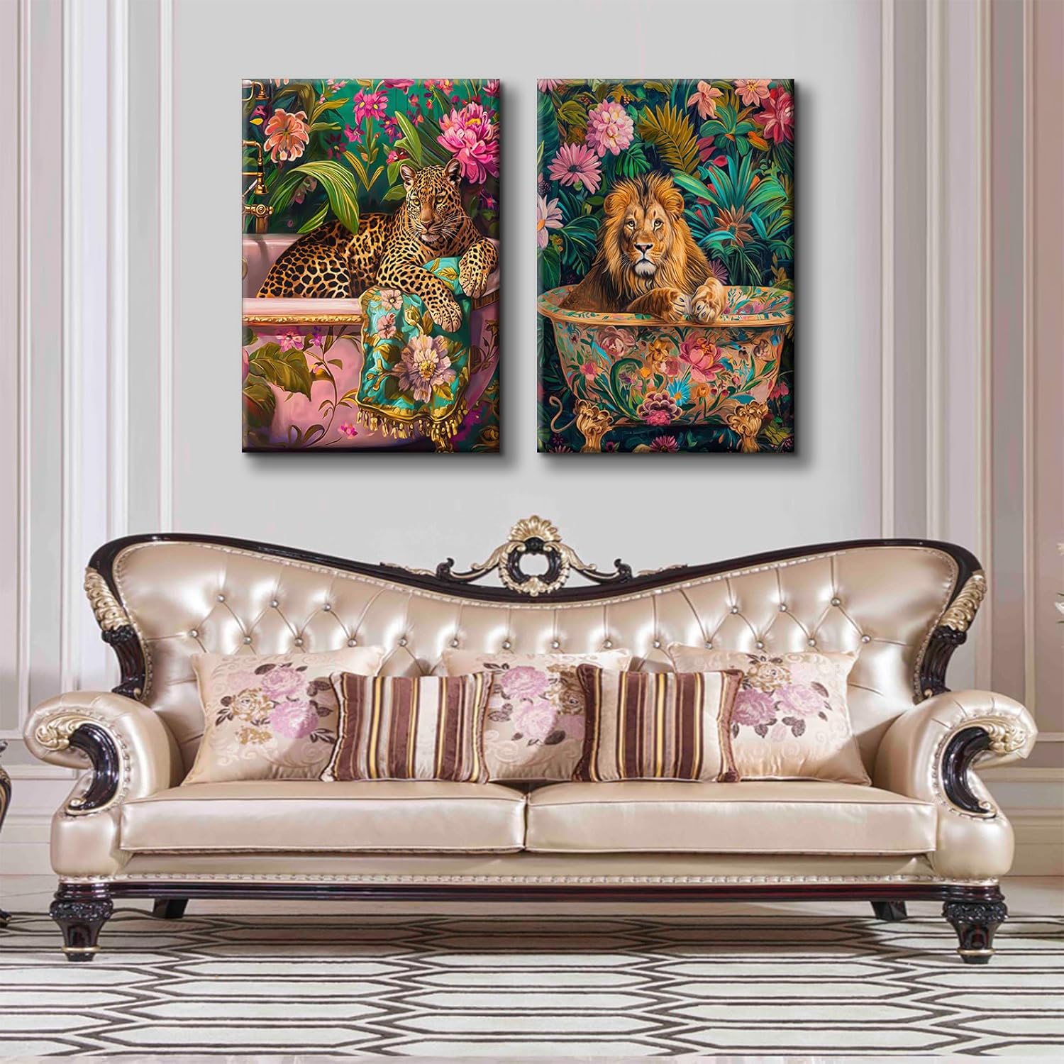 2Pcs Bathroom Leopard Wall Art Bathtub Animal Wall Decor Fun Bathroom Painting Pictures Trendy Leopard Poster Prints Suitable for Living Room Bedroom Ready to Hang (12x16in Canvas)
