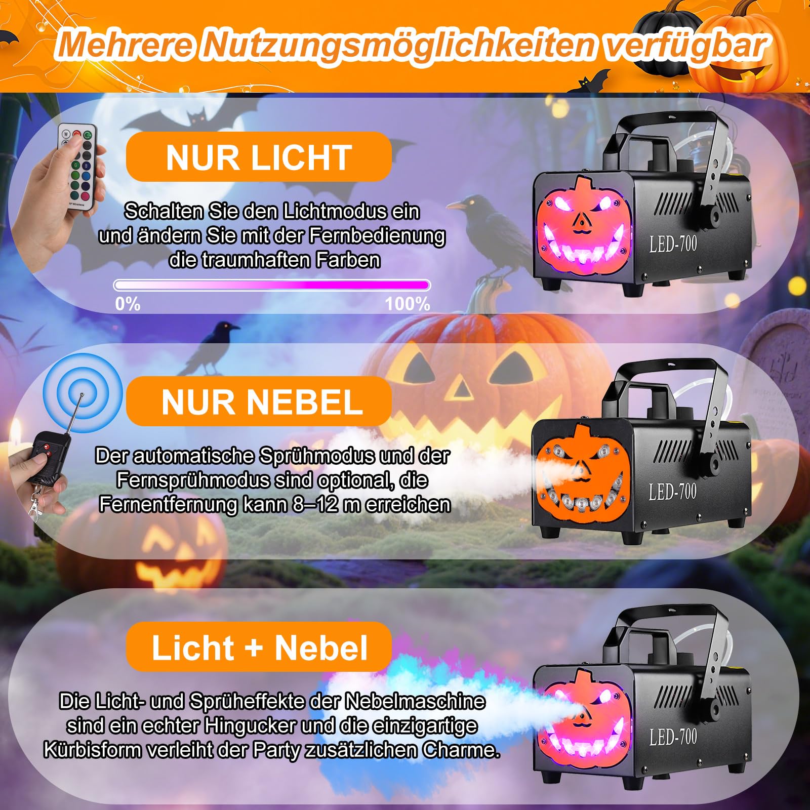 MAMIZO Nebelmaschine Halloween Deko, mit 13 Farben 9 LED Licht, 500W Kürbis Kopf Smoke Machine, Kürbis Deko Rauchmaschine mit RGB Effekt und Automatik-Sprühfunktion, für Halloween und Weihnachten