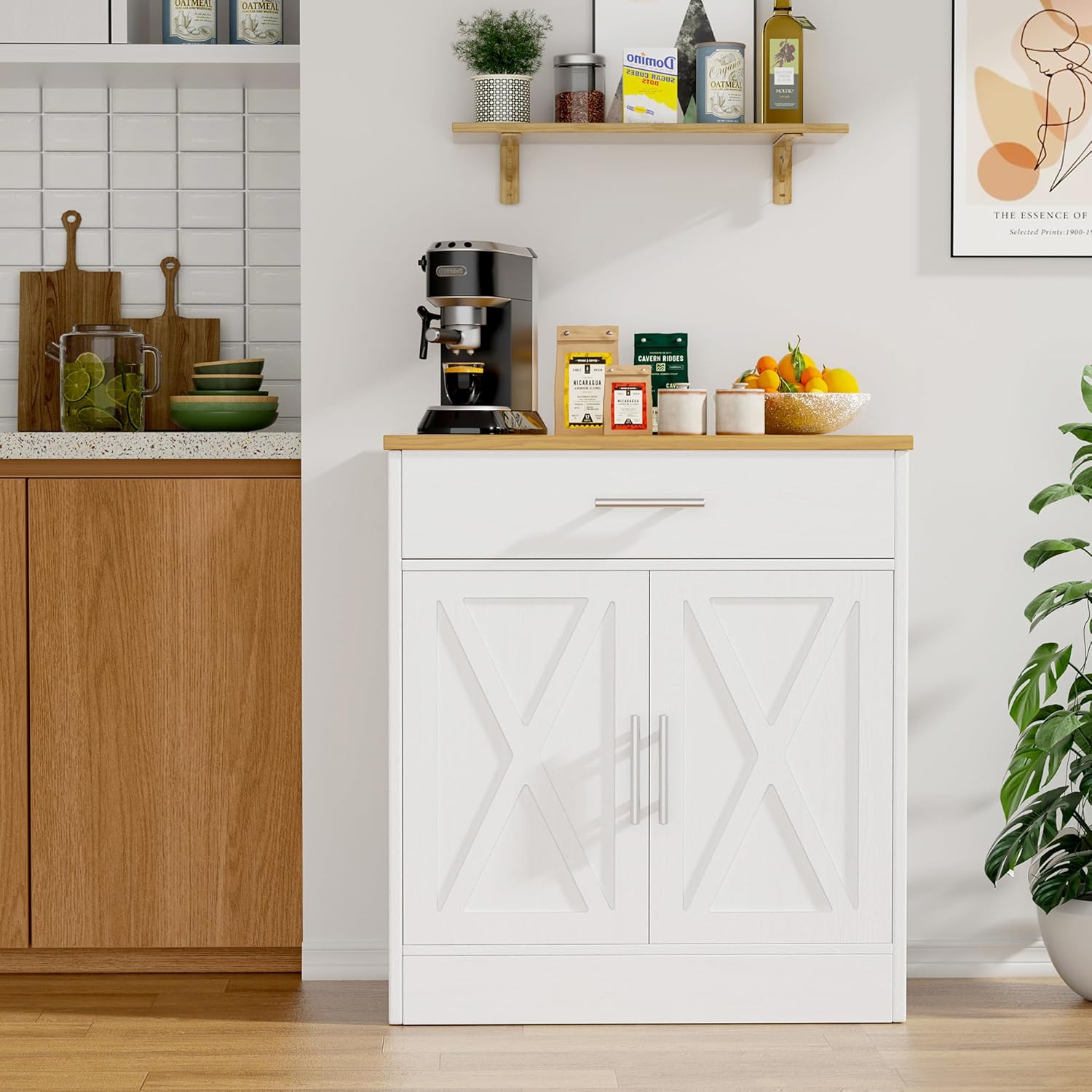 Meilocar Storage Cabinet Farmhouse Sideboard Buffet Cabinet with Storage and Height Adjustable Shelf, Coffee Bar for Living Room, Dining Room, White