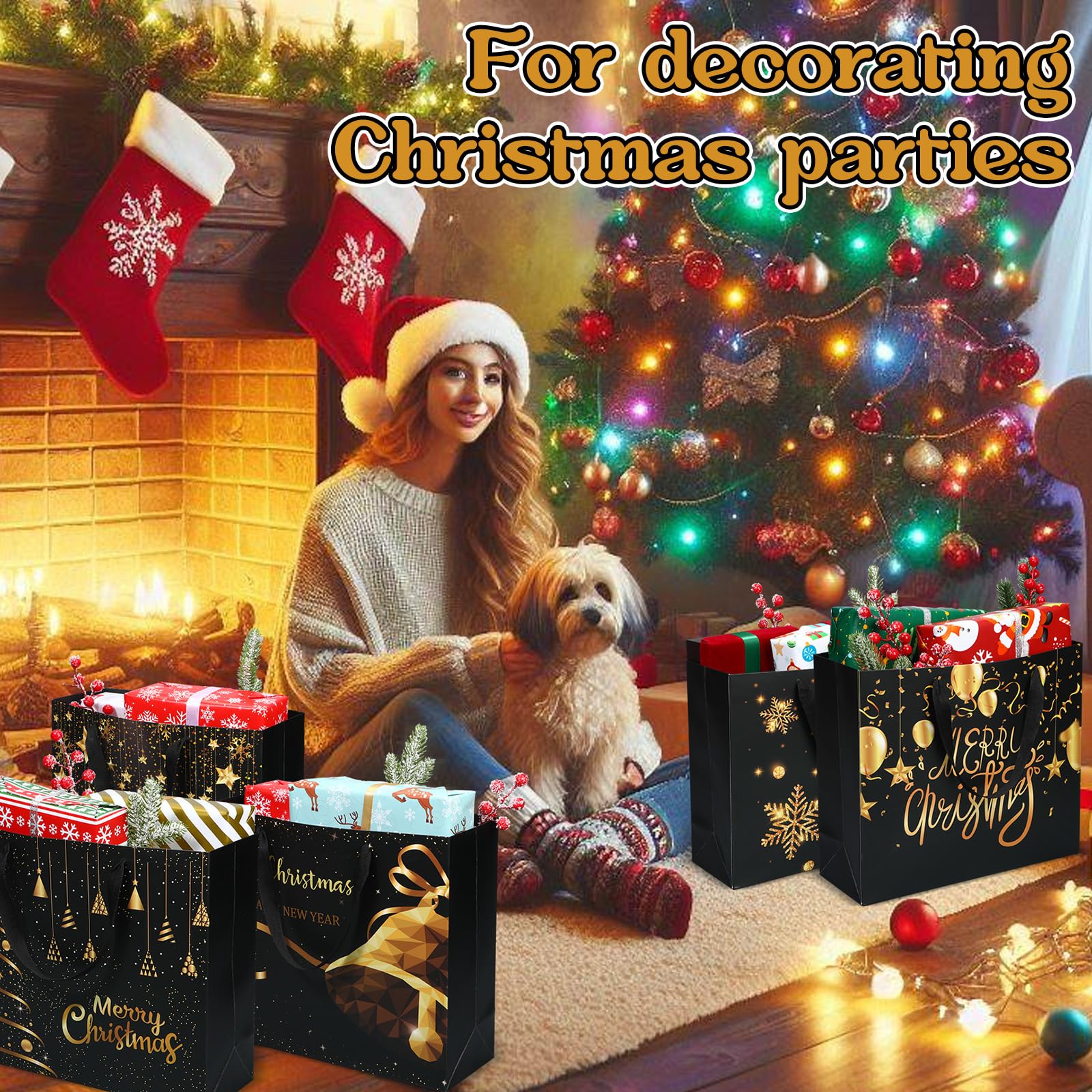 Epakh Lot de 24 sacs cadeaux de Noël en papier noir et doré avec poignées, feuille métallique Merry 32,6 x 27,9 cm, sacs à friandises de fête de Noël en vrac pour cadeaux de vacances, fournitures de