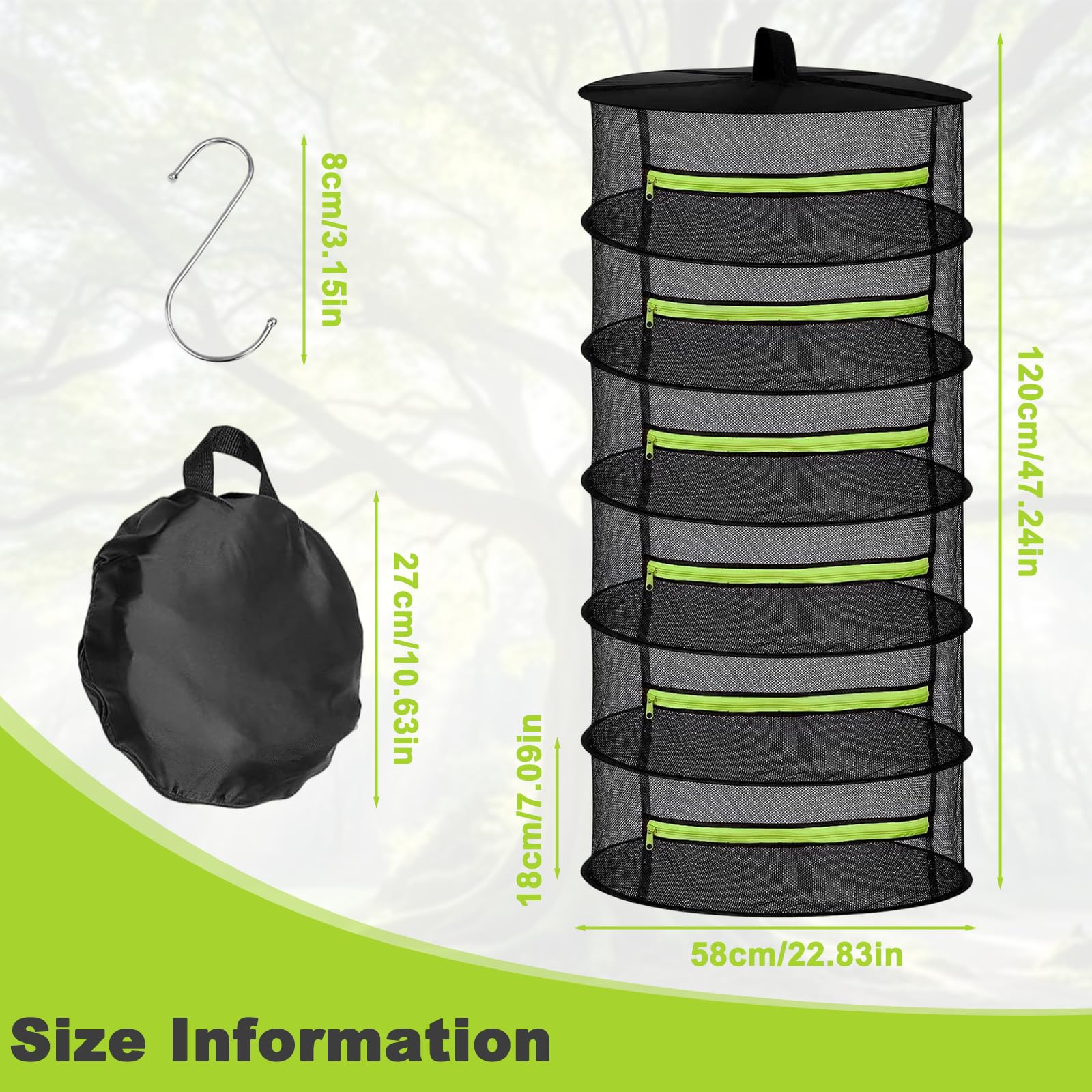 6 Strati Rete Essiccazione con Cerniere, Borsa portaoggetti e Gancio Forma S, D60xH160 cm Rete Essiccazione Erbe Aromatiche Sospeso Pieghevole per Erbe, Fiori, Lampadine, Pesce