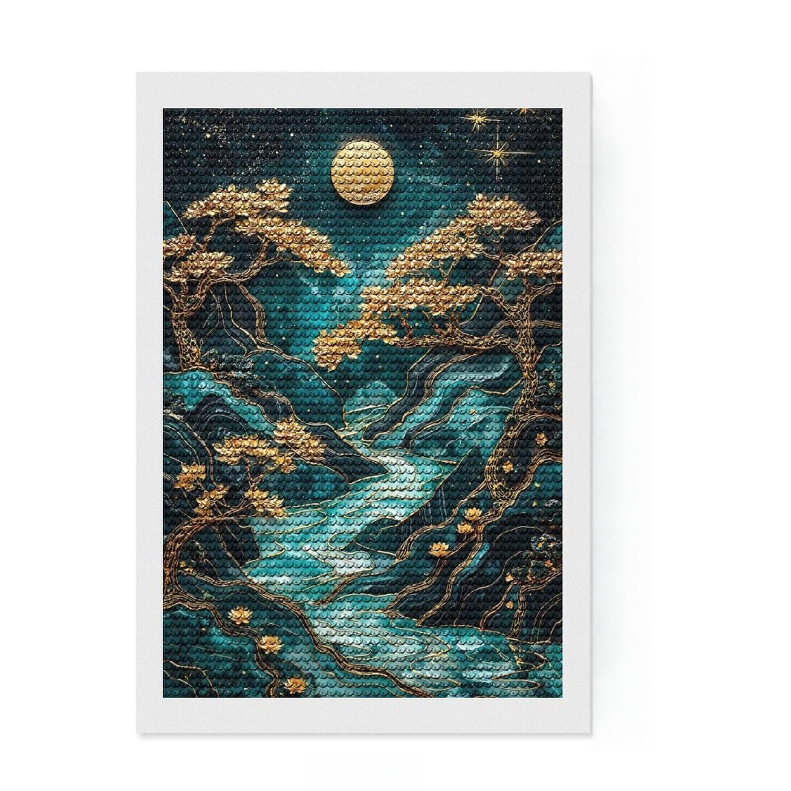 Junmoney Golden Sakura Dreams Diamond Painting Set 8"x12", Festive Home Decor, with Tool Kit, Gift Idea, Thoughtful Present, Creative Hobby