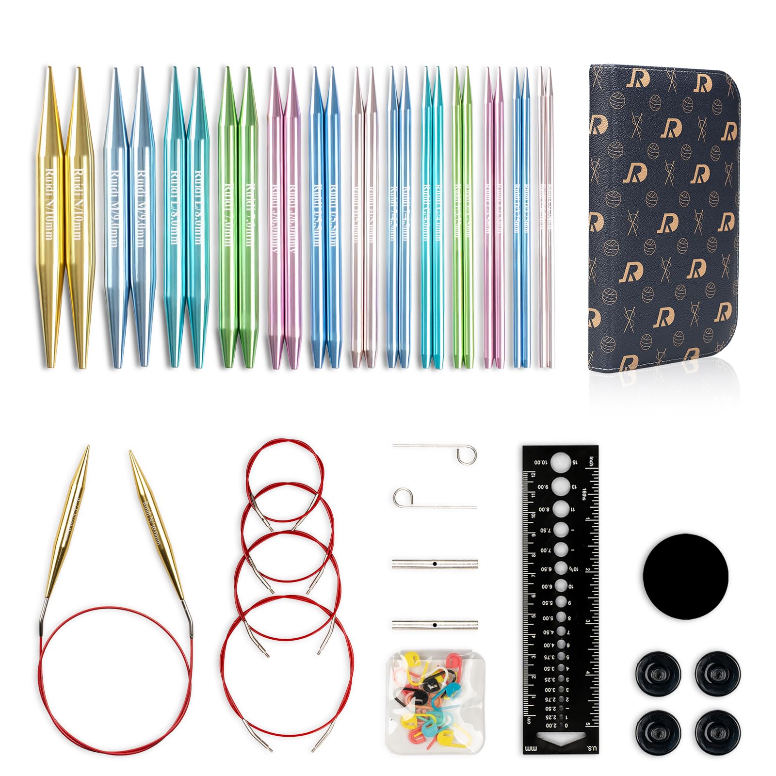 RUIDI Circular Knitting Needles Set, 13 Sizes Aluminium Interchangeable Circular Knitting Needles Set with Case & Accessories, 4" (10cm) | (2.75mm to 10mm) (Muticolour)