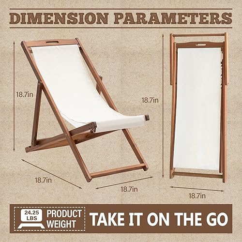 Miniatura 7 de Juego de 2 sillas de playa de madera, sillas de playa duraderas, reclinables para exteriores, con marco de madera maciza y lona de poliéster, ajuste