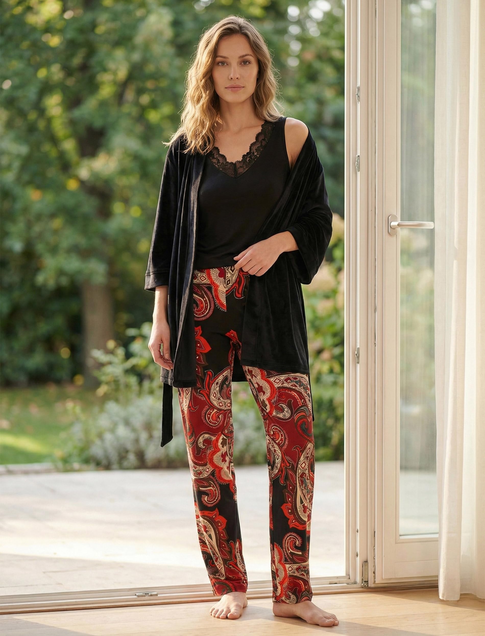 VIVISENCE - Pijama de tres piezas para mujer, con albornoz suave y cómodo