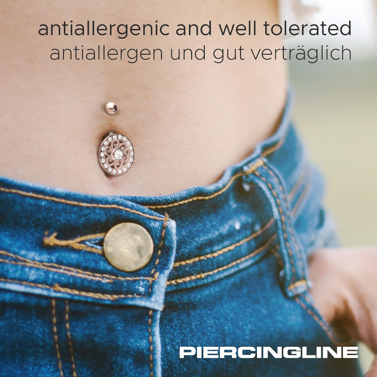 PIERCINGLINE Titanium belly button ring with 925 silver design MANDALA Navel Ring Belly Piercing 14G 10 mm Bar silver - rosegold - gold - colored