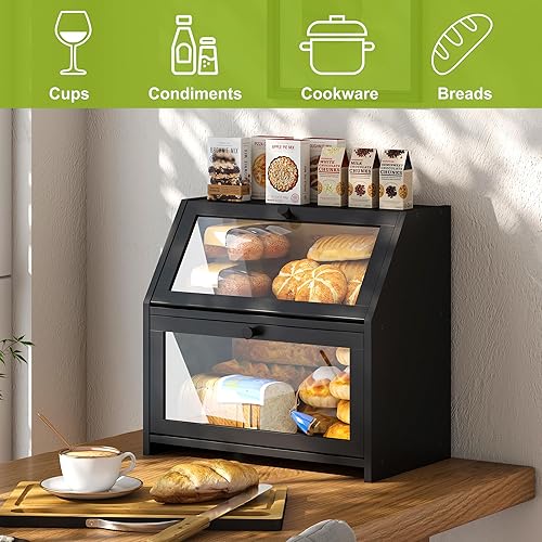 Miniatura 4 de BMOSU Panera con tabla de cortar, almacenamiento y organizador de pan de cocina, encimera de granja, panera doble de madera de bambú, cubo de gran