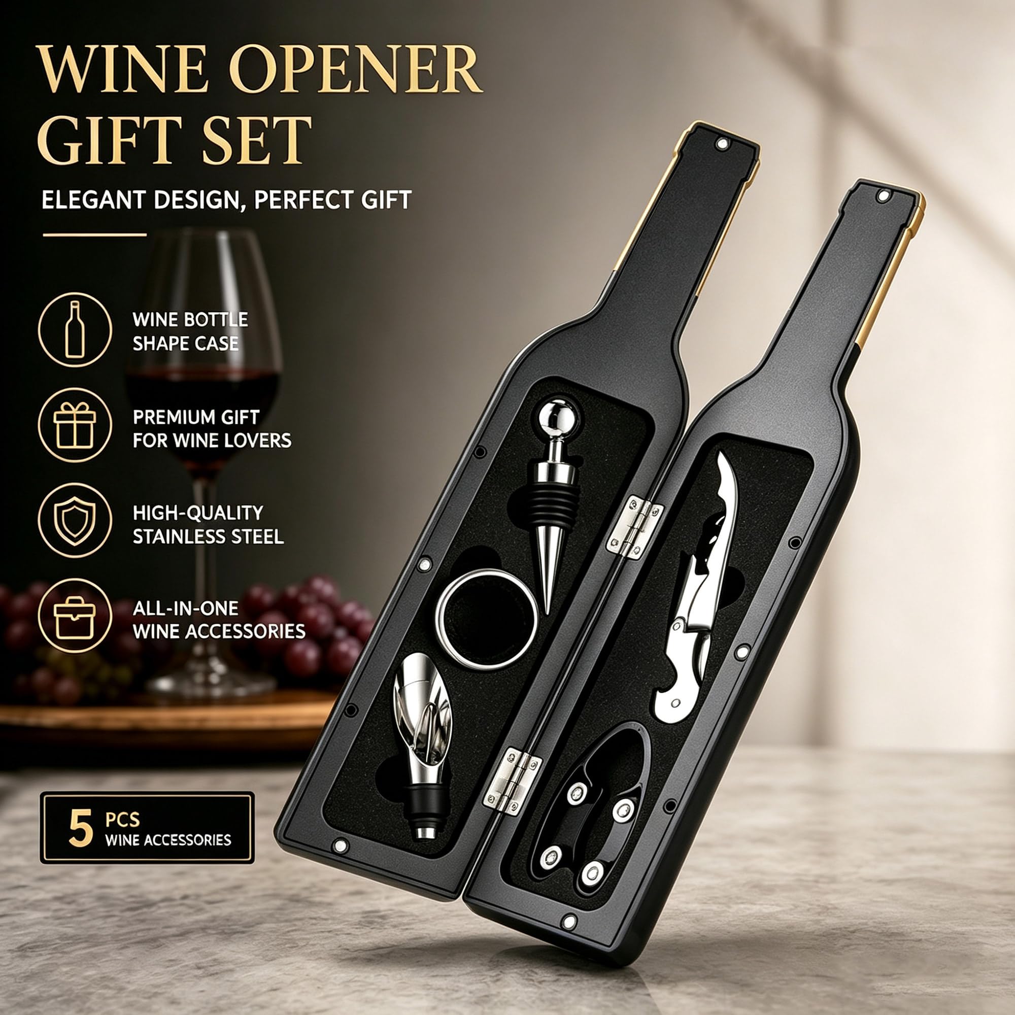 KINGROW Set regalo accessori vino nero con 5 strumenti in valigetta