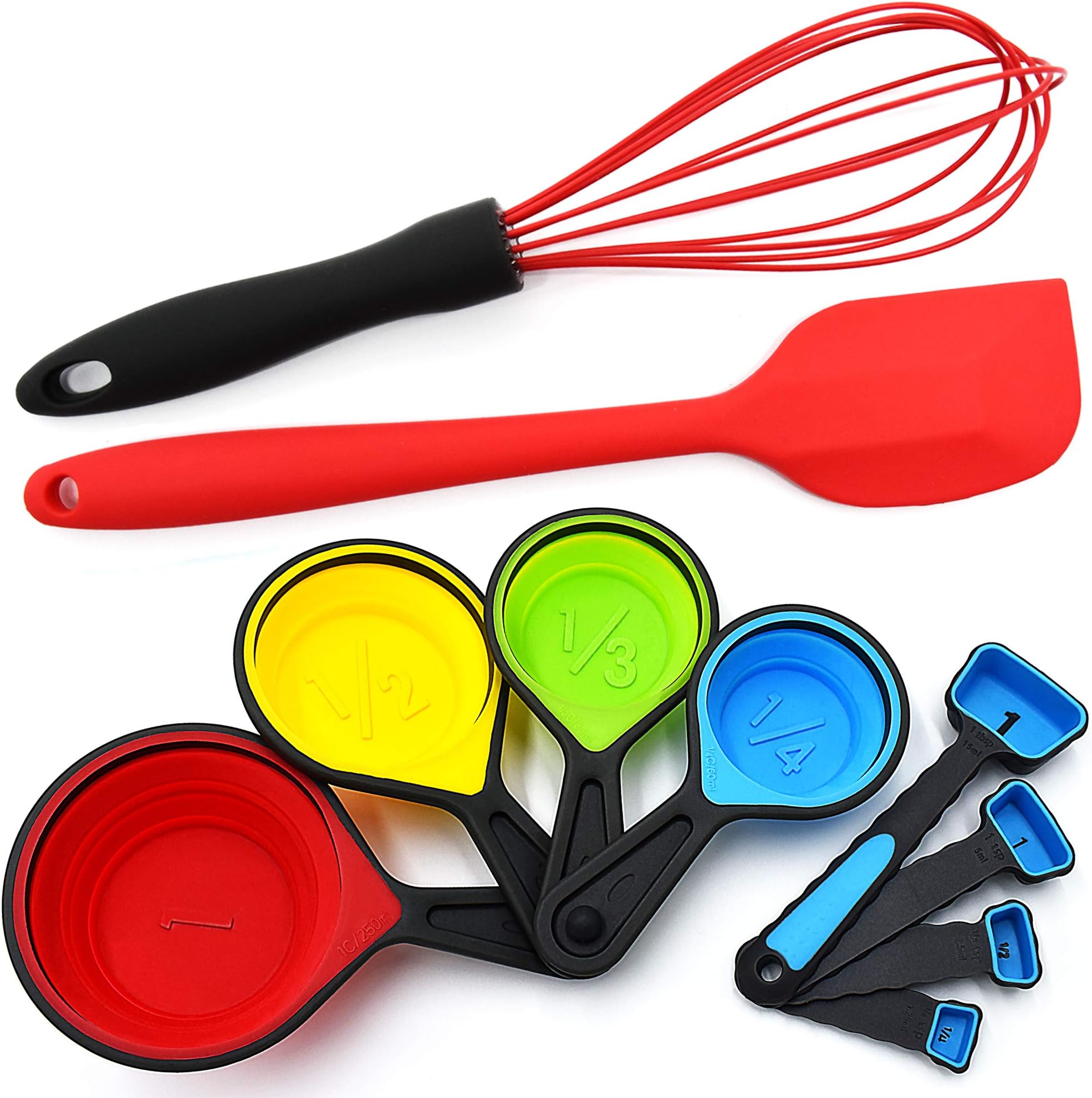 Silicone Whisk - Collapsible Measuring Cups and Spoons - Baking Spatula - 10 Piece Set - Cooking Kitchen Utensils