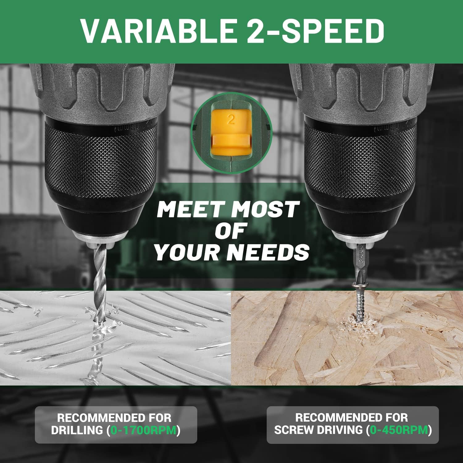 Comparison image showing the TECCPO drill operating at two different speeds: 0-1700 RPM for drilling metal and 0-450 RPM for screw driving into wood.