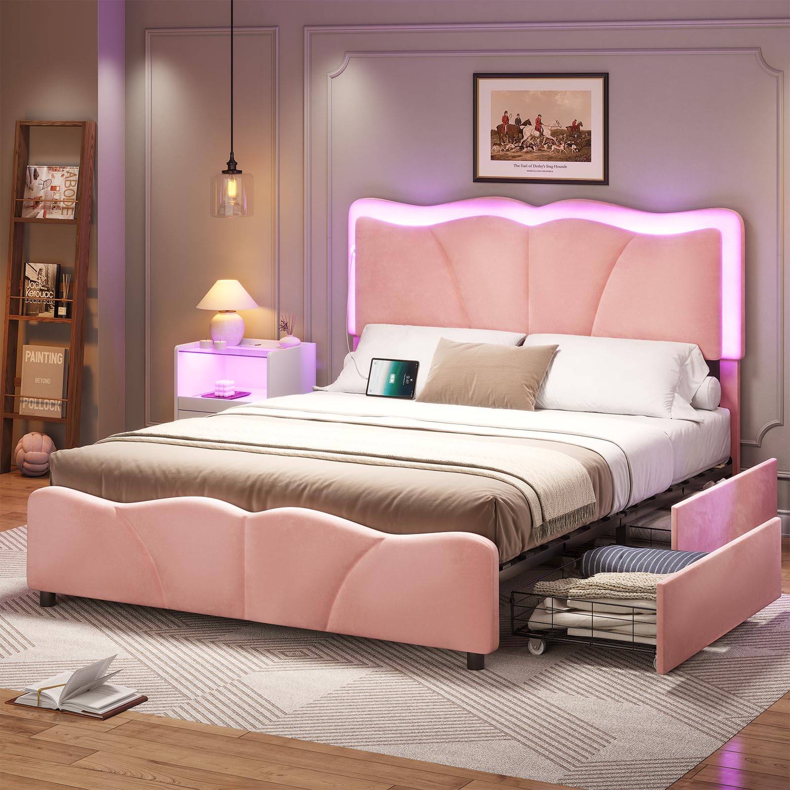 MSmask Full Size Bed Frame with 4 Storage Drawers and LED Lights, Velvet Upholstered Platform Bed Frame with Height Adjustable Headboard, LED Bed Frame with Type C & USB, No Box Spring Needed, Pink