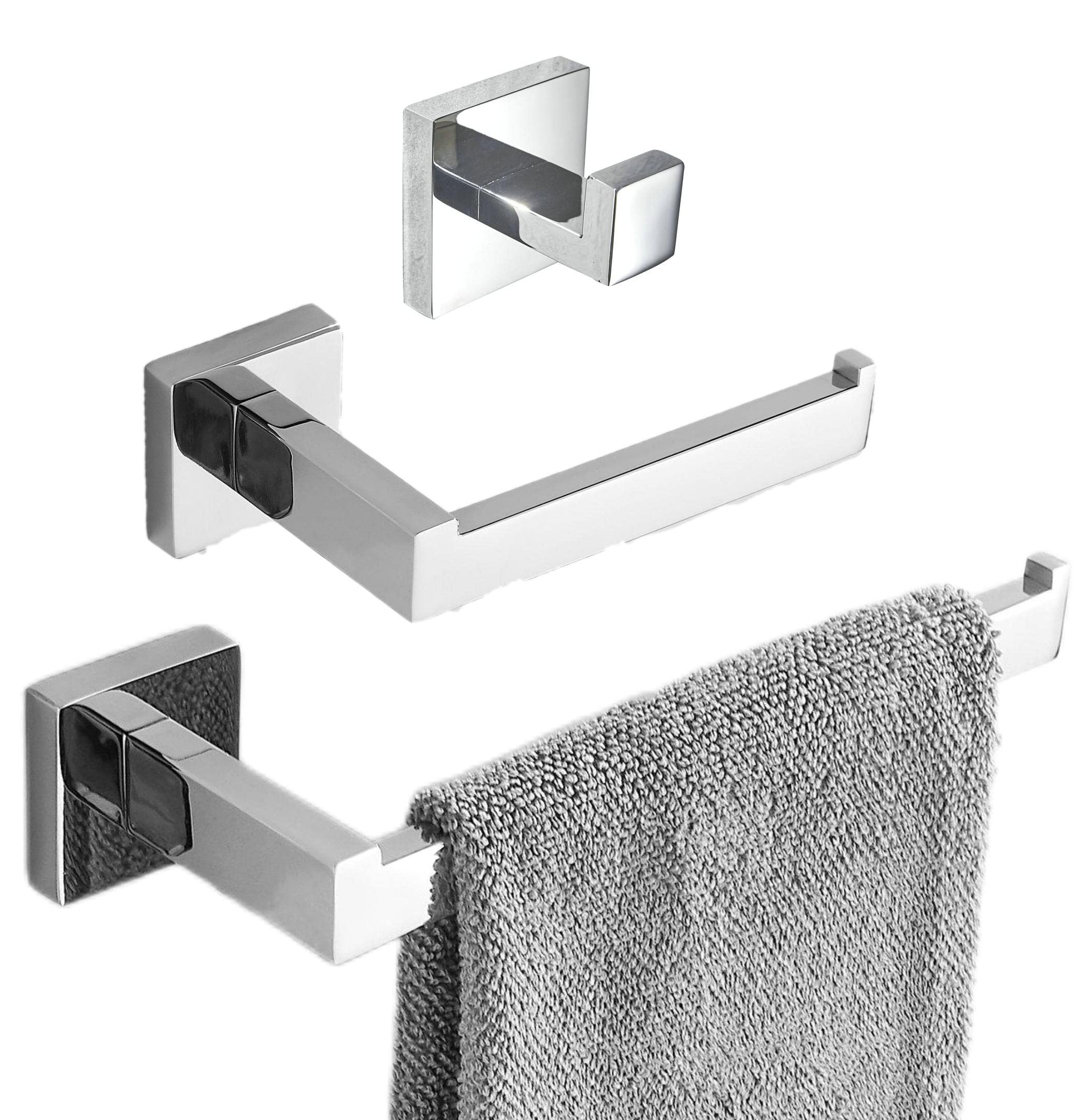 SHUNLI Chrome Bathroom Accessories Set - Hand Towel Rail Toilet Roll Holder Robe Hook - Wall Mounted SUS304 Stainless Steel