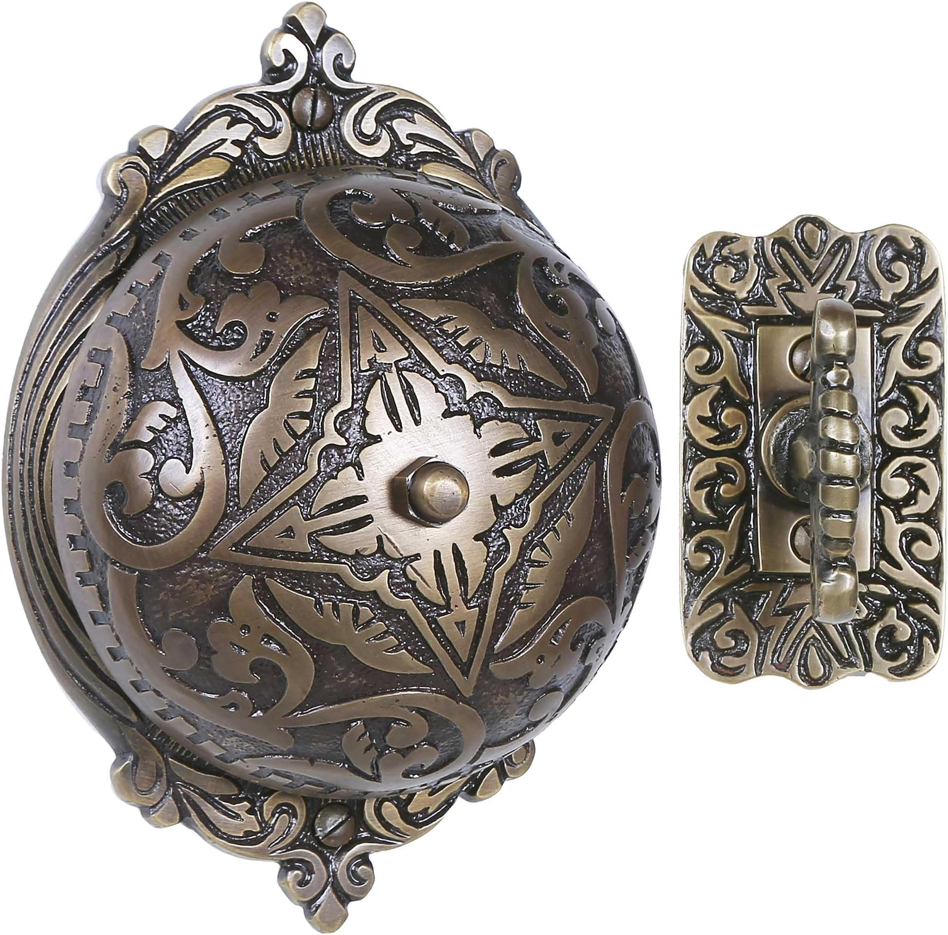 A29 Victorian Twist Doorbell, Solid Brass Mechanical Chime, Manual Hand-Turn Vintage Doorbell, Decorative Classic Design, No Wiring, Easy DIY Installation, Antique Brass Finish