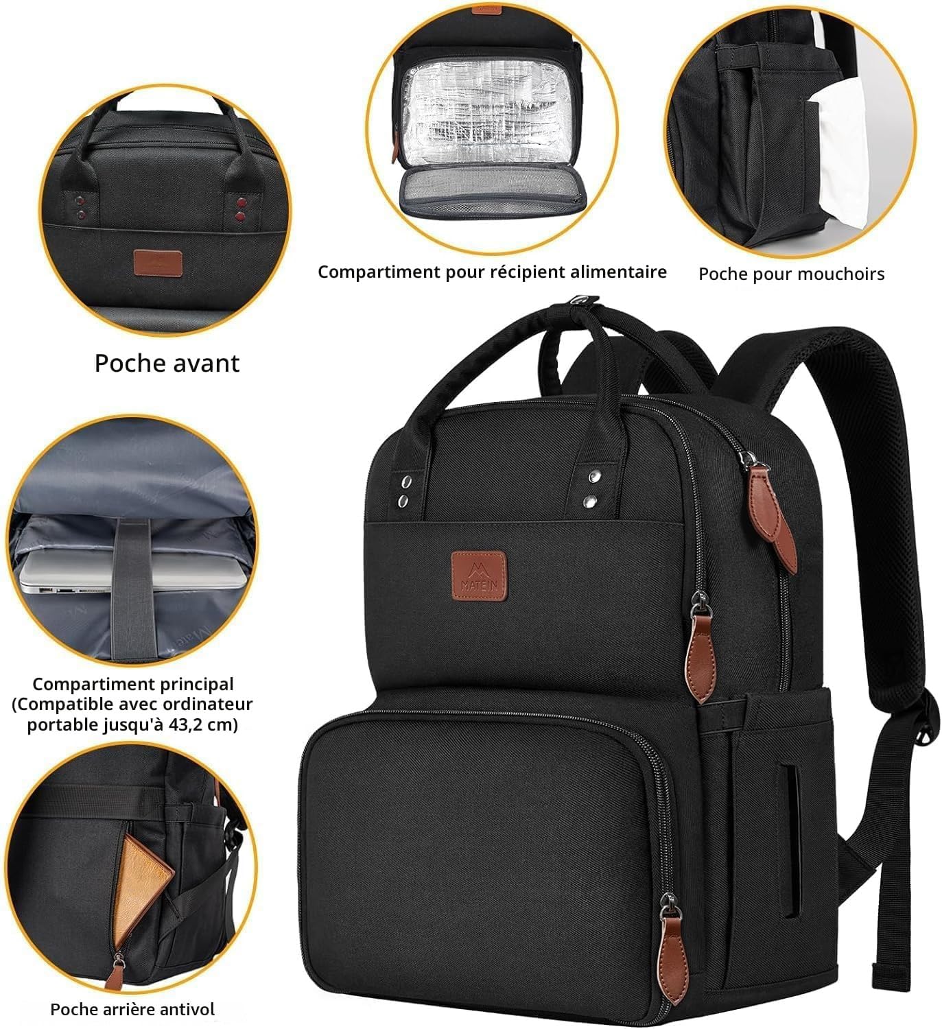 MATEIN Sac à Dos Déjeuner Isotherme, Sac à Dos Ordinateur 15,6 Pouces pour Homme Femme, avec Imperméable Sac Isotherme Repas Voyage pour Collège Affaire Scolaire, Noir