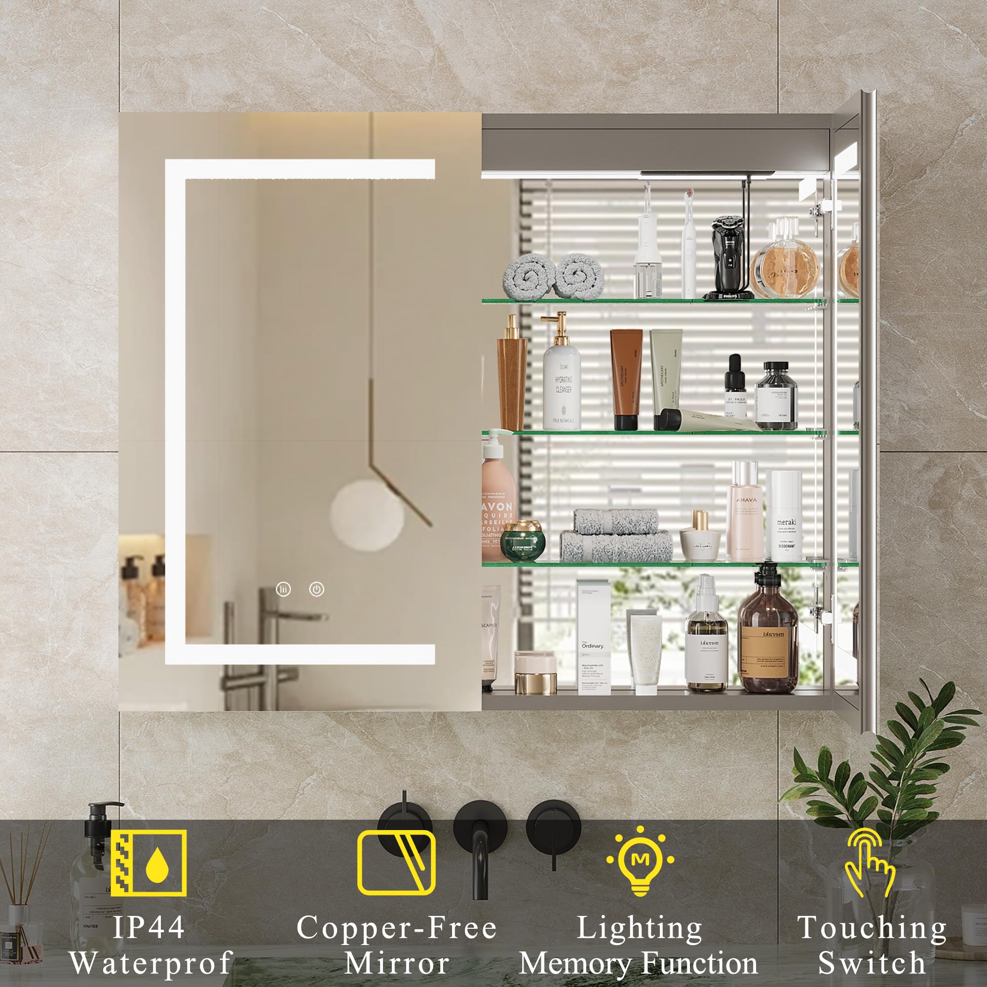 Armoire Salle De Bain 100% préinstallé avec Miroir LED Double Porte, Anti-Buée, Prise & USB, Étagères Réglables, Miroir Salle de Bain avec Rangement 80x60cm – Aluminium Inoxydable