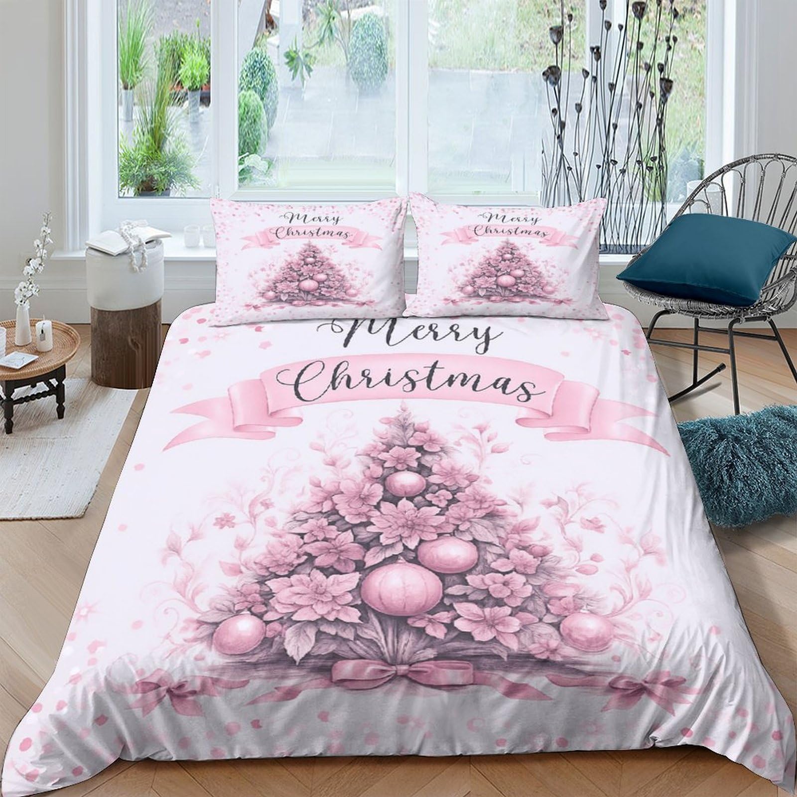 Ctjqhvkz Style-6 3D Printed Pink Christmas Tree Fitted Sheet Microfiber Soft Bedroom Decor Merry Christmas Bed Cover Single（135X200cm）