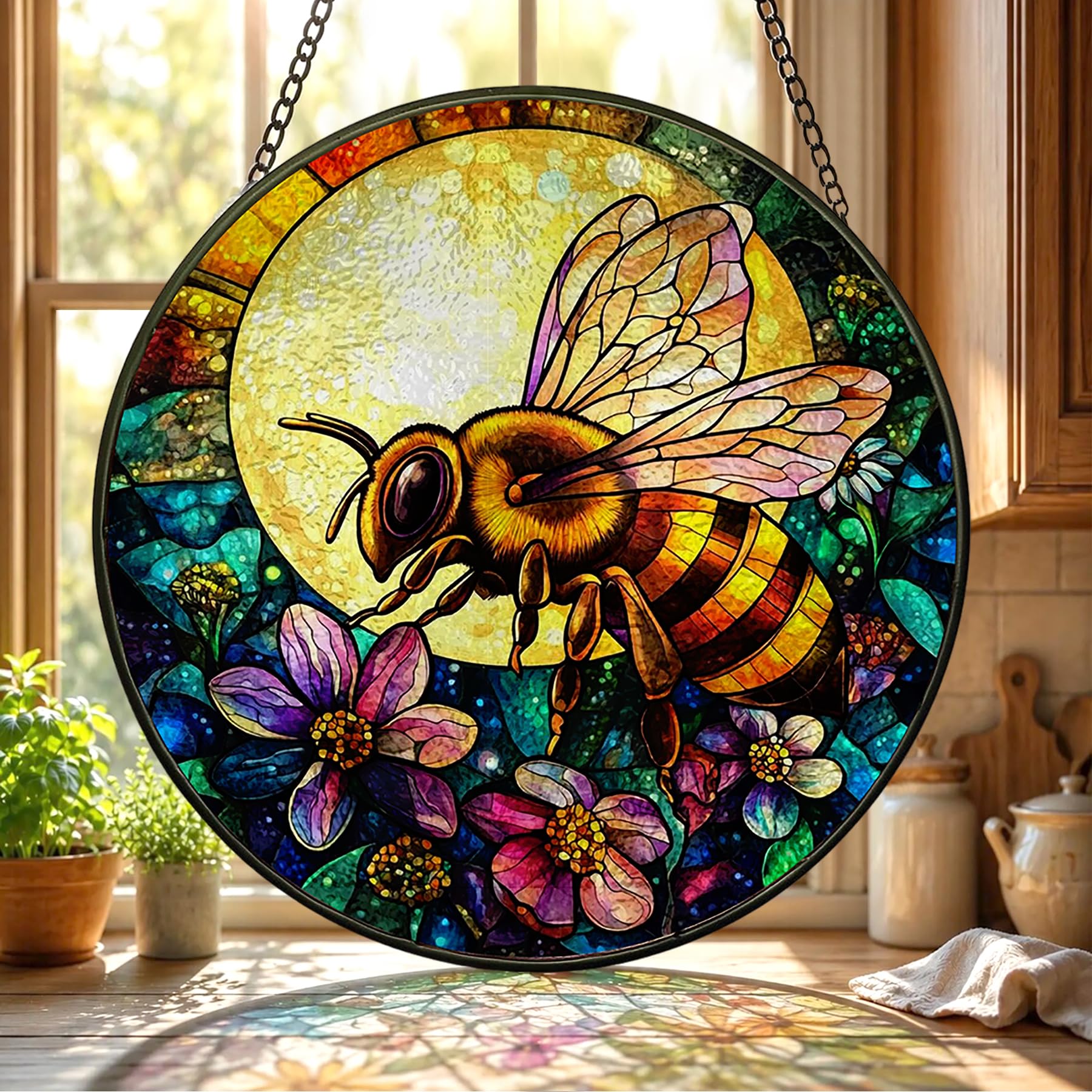 Bimkole Stained Glass Window Hanging Bee- Indoor Window or Doorway Sun Catchers Home Decoration - Moon Suncatcher Decor for Birthday for Women, Men, Wife, Lovers, and Mom 20 x 20 cm
