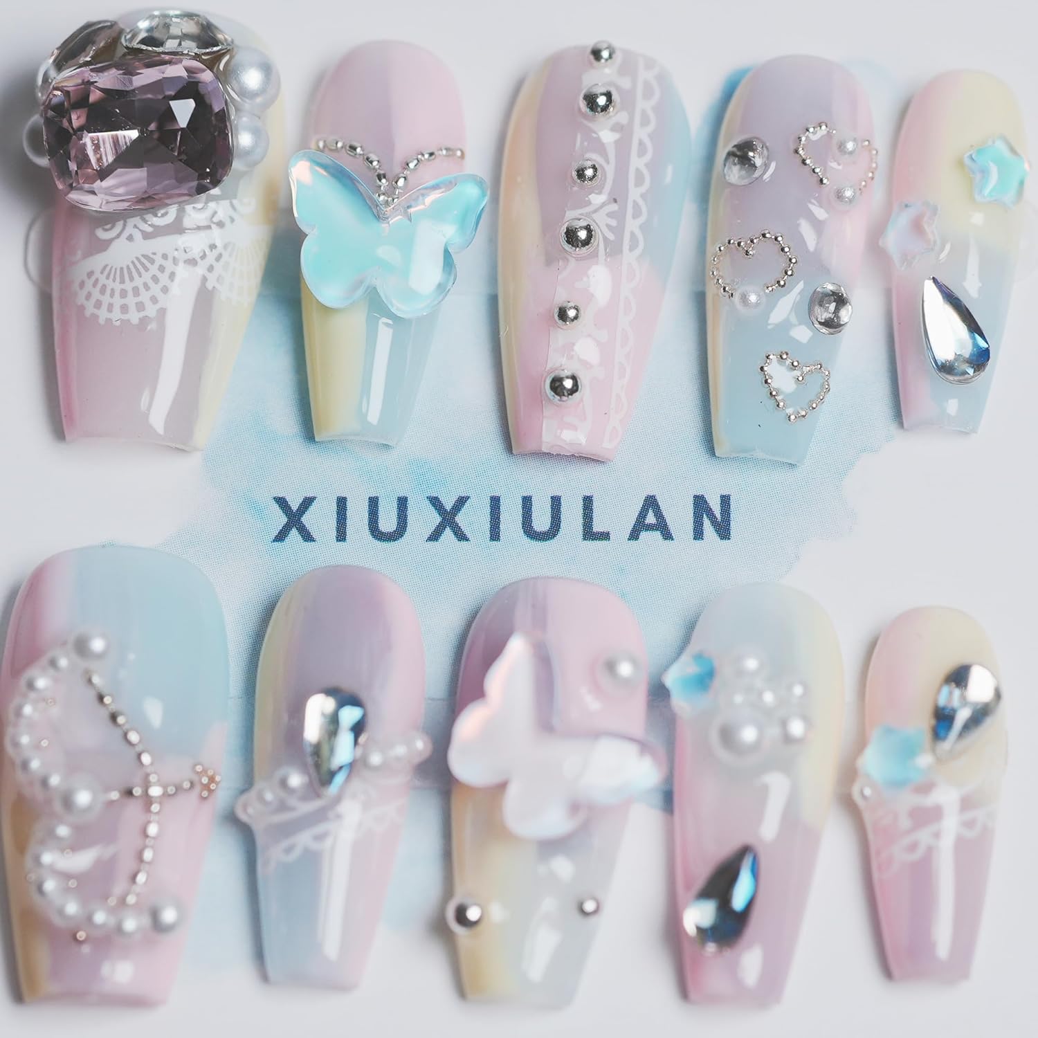 Press on Nail Coffin, Sweet Dreamy Stars Cartoon Short Handmade Nails, 3D False Nail Shimmery Camouflage Glossy Multicolor Soft Gel 10 Pcs (MulticolorL, L)