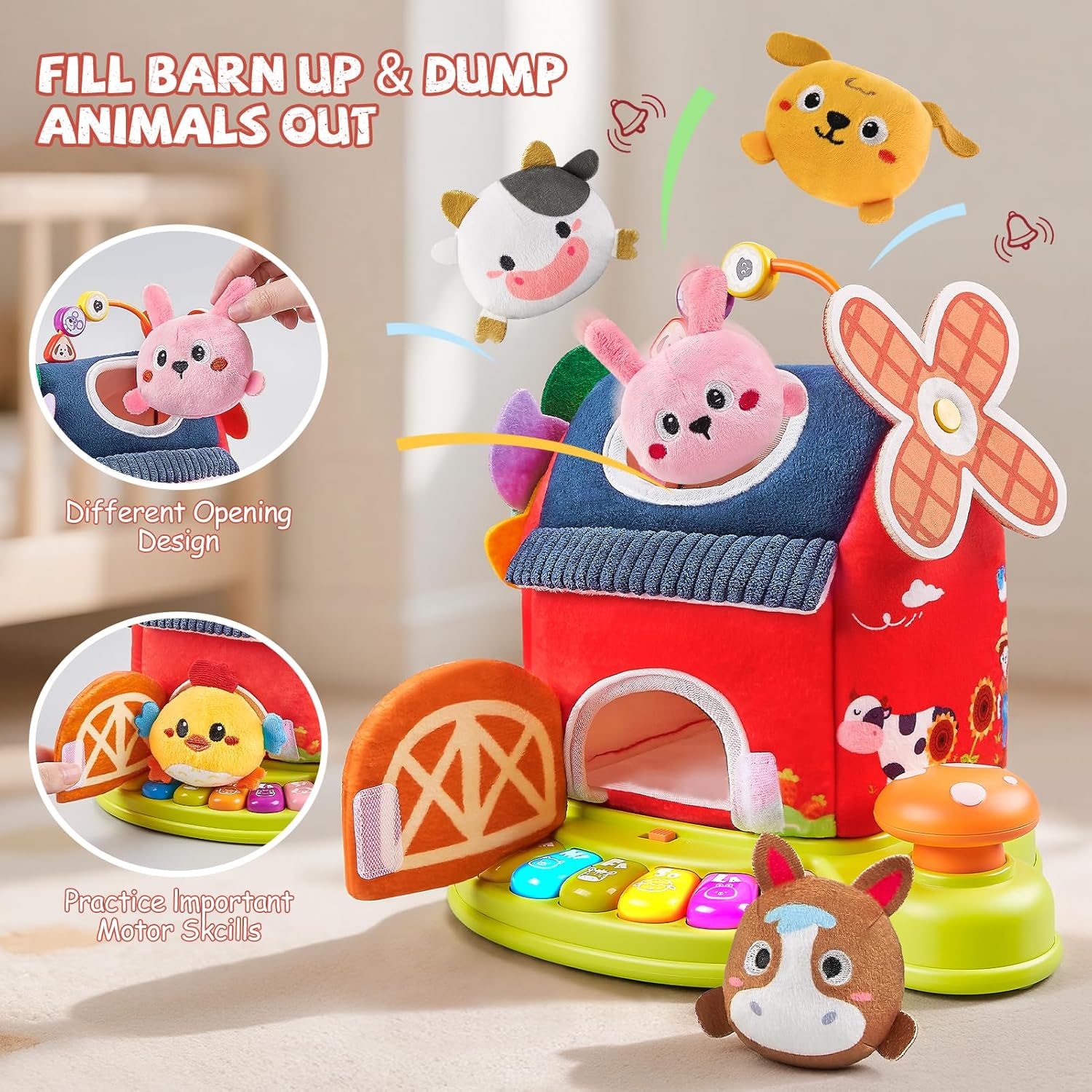 Musical Stuffed Farm Animals Barn Toys for Toddler 1-3, Baby Toddler Toys for 1 2 3 Year Old, Surprise Barn with 7 Animal, 4 Mode & LED Lights, Montessori Sensory Toys for 1 2 3 Year Old Boys Girls