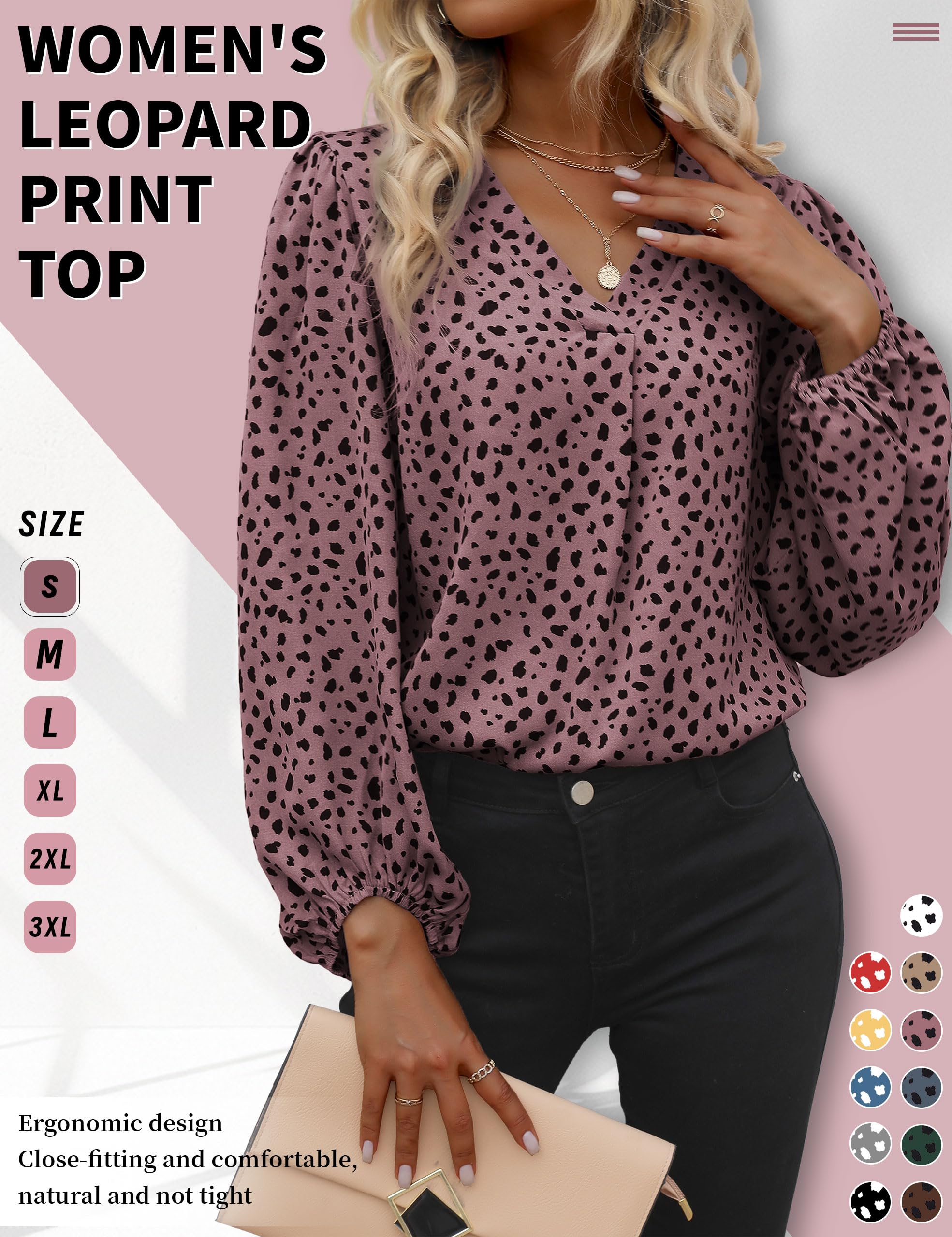 Long Sleeve Blouses for Women, Leopard Print Chiffon Tops V Neck Loose Business Shirts Casual Work Tunic