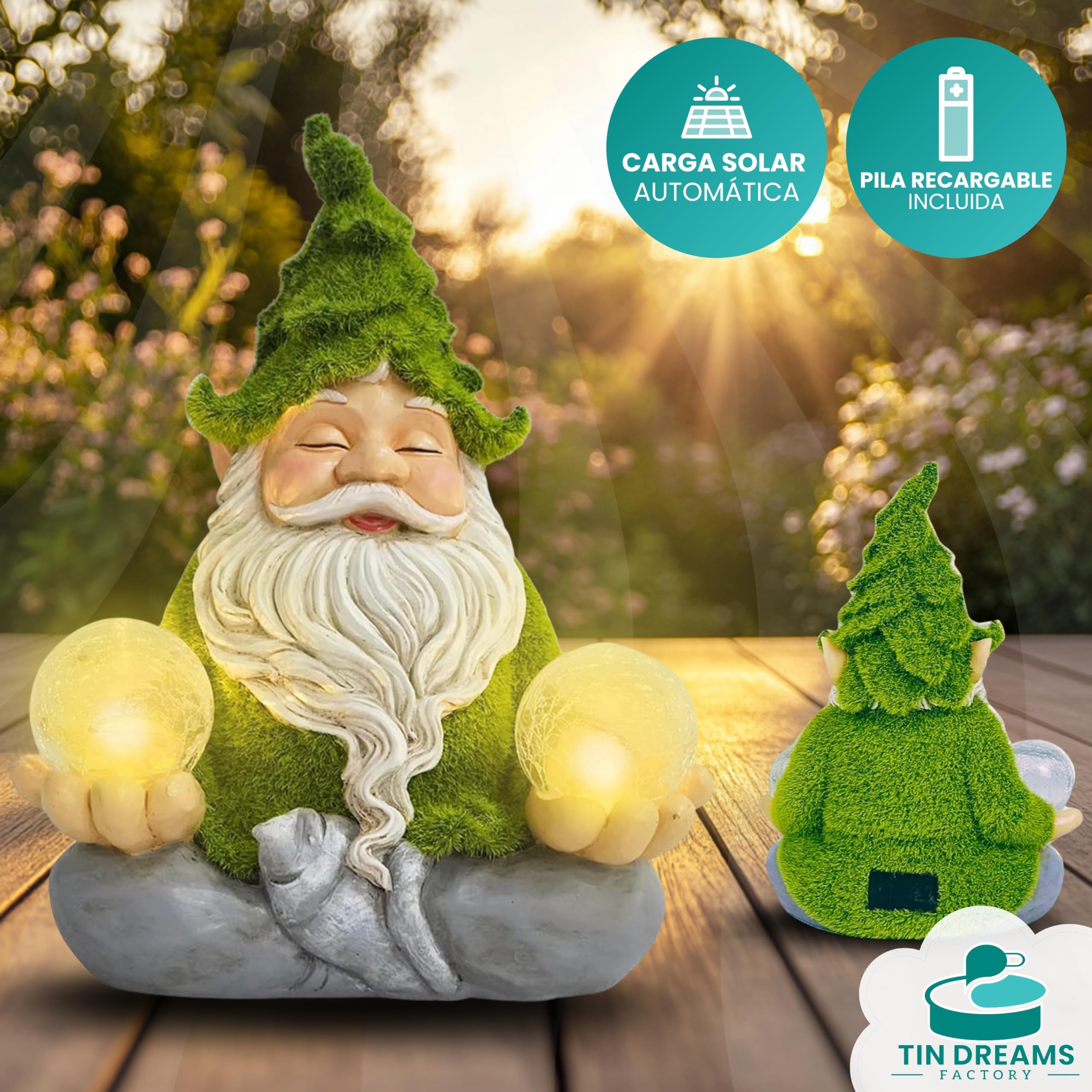 Gnomo Zen con Luz Solar – Figura Decorativa de Jardín en Resina – Enanito Exterior con Burbuja Luminosa LED – Adorno Relajante para Jardín, Patio y Terraza