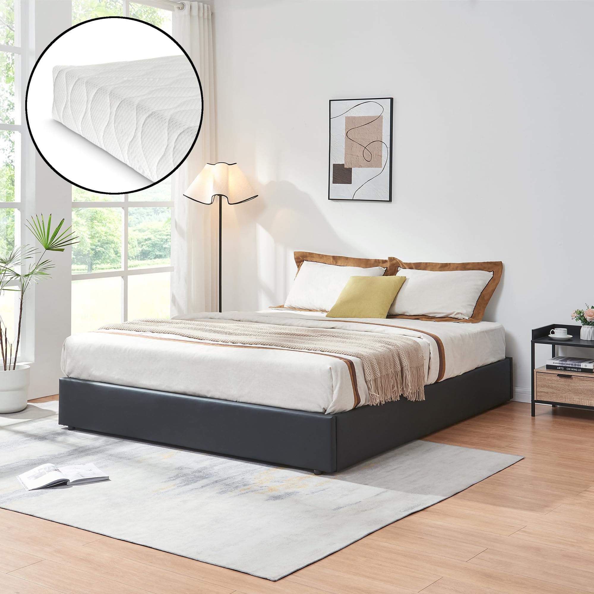 [en.casa] Cama Matrimonio NOLA Canapé Abatible con Somier y Colchón 180x200 cm Espacio de Almacenamiento Cama Tapizado Polipiel MDF Contrachapado 206 x 181 x 28 cm - Negro