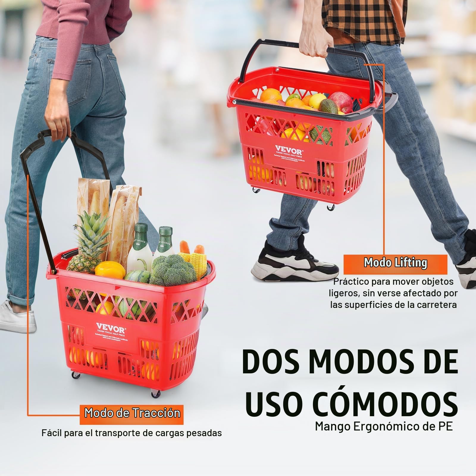 VEVOR Cesta Roja de la Compra, 6 Piezas, 39 L, Carros de la Compra con Asas y Ruedas de Plástico de 540 x 530 x 365 mm, Cesta de la Compra Portátil Grande para Supermercado, Tiendas Minoristas