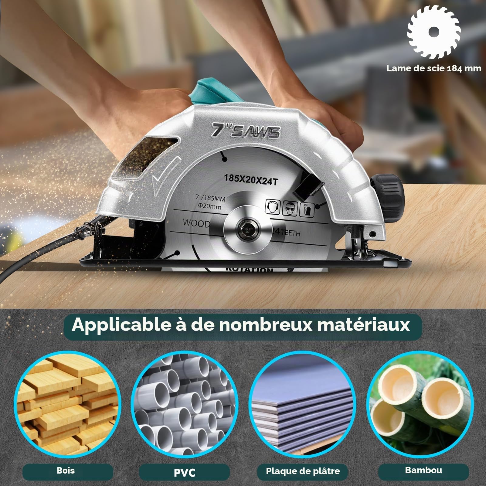 Scie Circulaire 1200W avec Rail de Guidage, Scie Circulaire Électrique Filaire 5200RPM, Profondeur de Coupe Max : 60mm (90°) et 45mm (45°), 3 Lames de Scie Ø : 185mm (24T + 40T + 60T) pour Bois, PVC