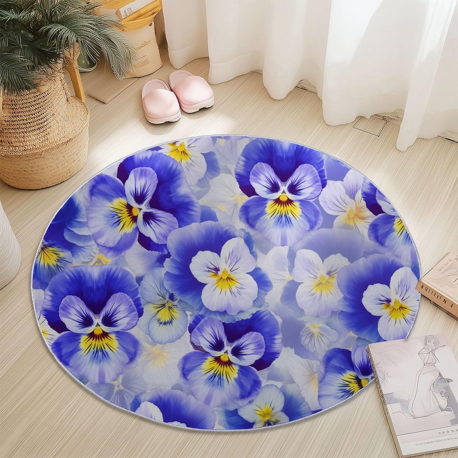 Tapis rond bleu 120 cm en flanelle douce à poils courts antidérapant