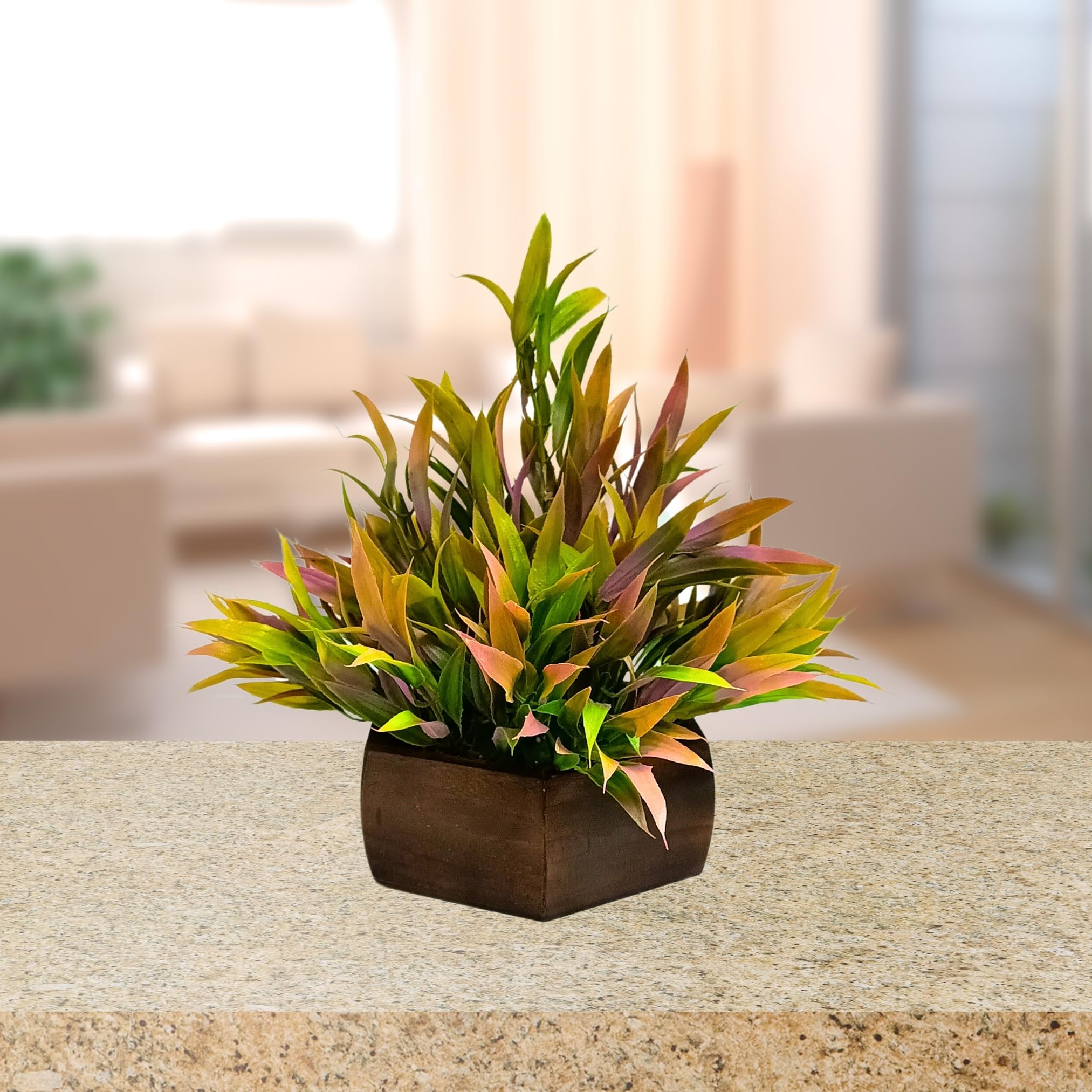 fancymart Artificial Bamboo Leaves Plant with Wood Pot (Multicolour 2