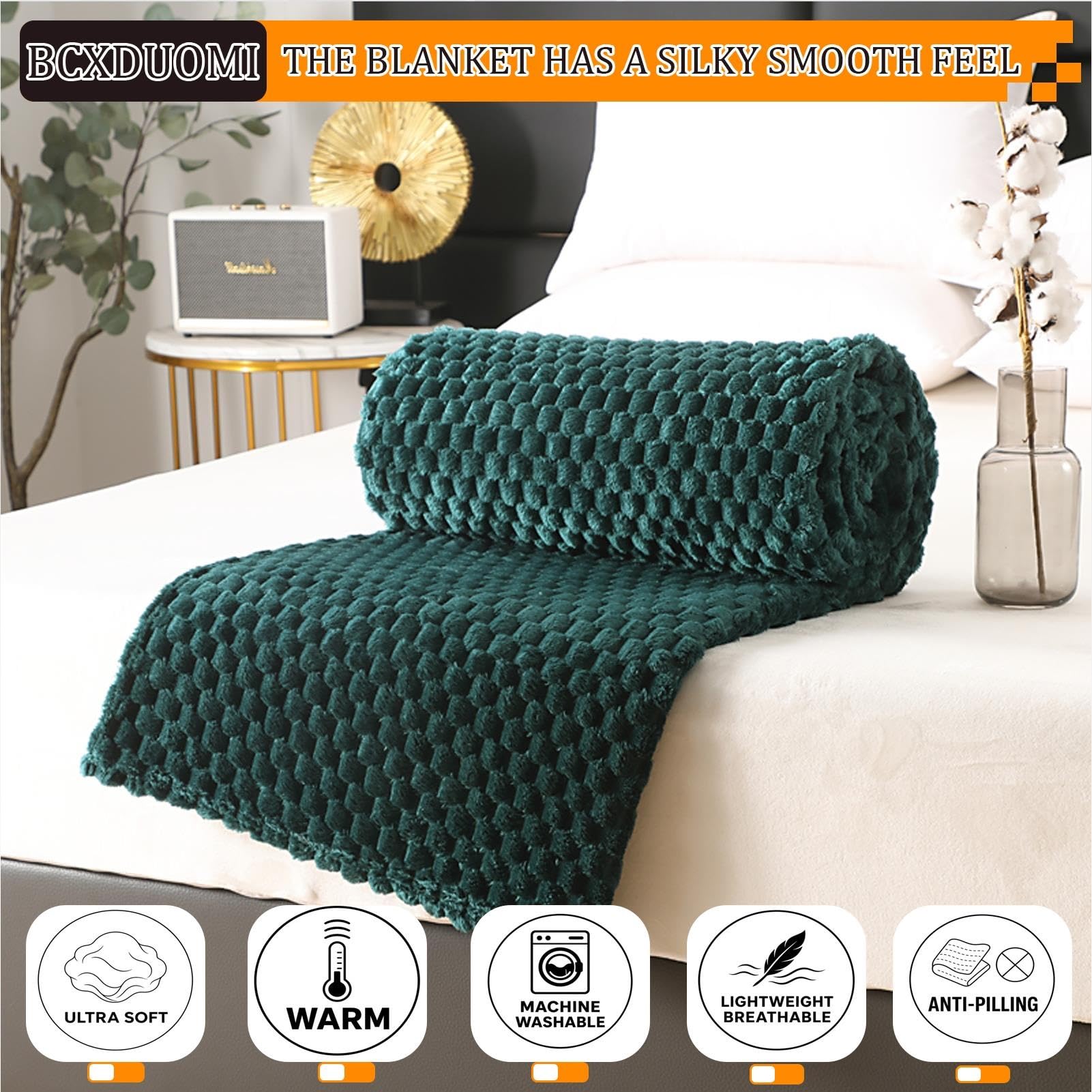 Flanelowy Koc 75 x 300 cm Przytulny Lekki Oddychający Dwustronny/Odwracalny Można Prać W Pralce Multiuso/Na Sofę I Łóżko, Ciemnozielony