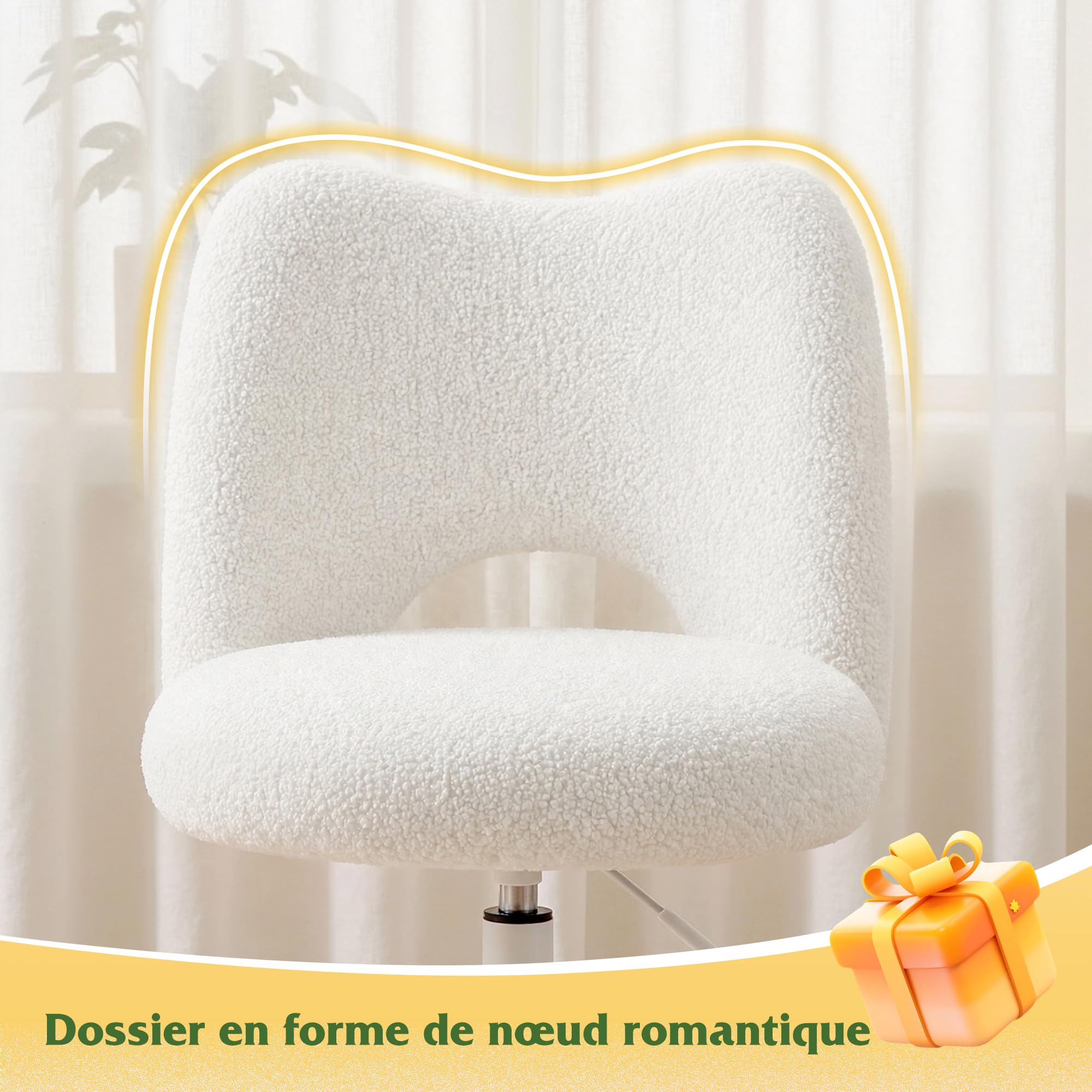 Chaise de Bureau en Roues, Chaise de Maquillage en Peluche Respirante, Chaise de Bureau Réglable en Hauteur, Chaise Pivotante pour Chambre, Salon, en Cadeau pour la Famille, 200kg, Blanc