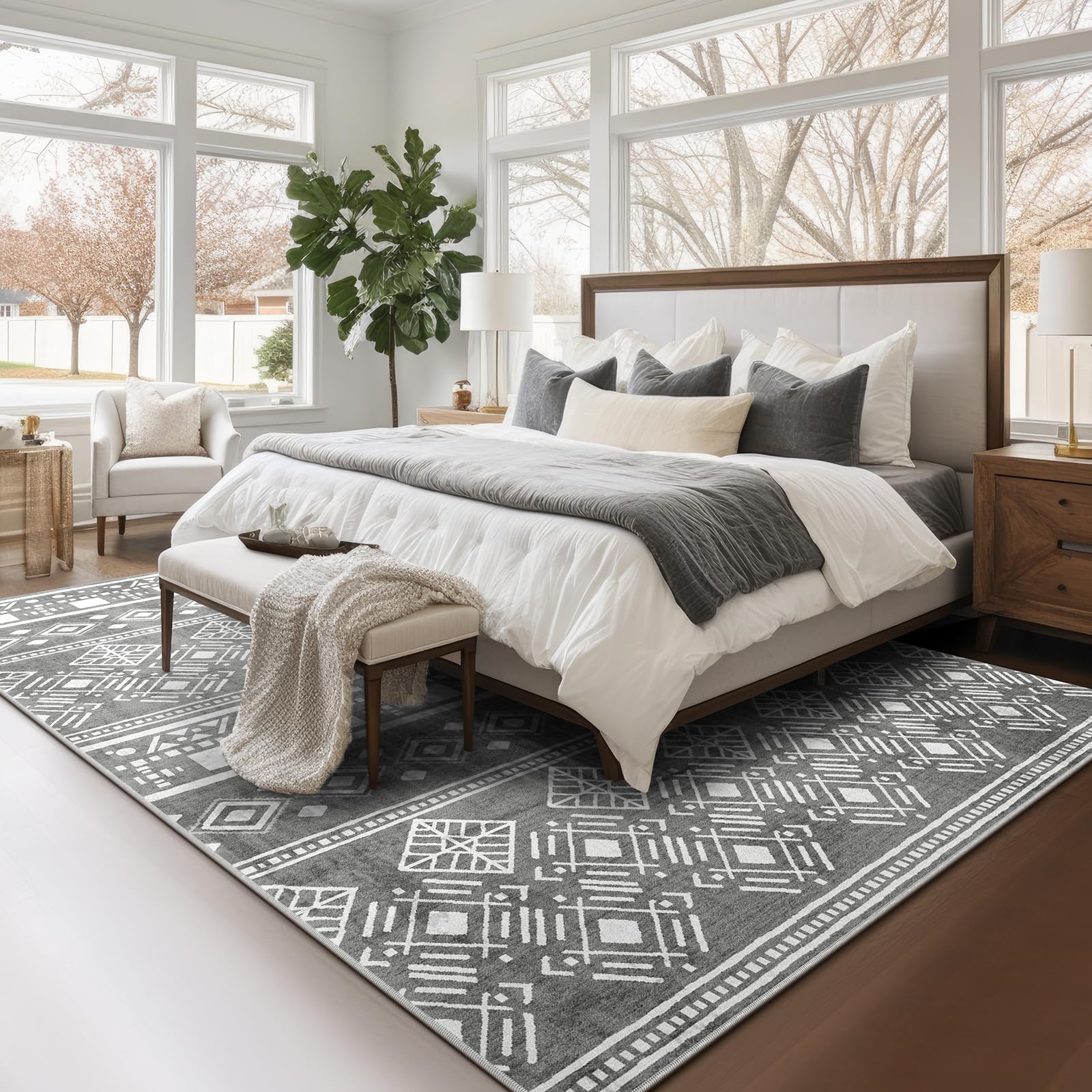 XSIVOD Kurzflor Teppich 200x280 cm Grau, Boho Waschbarer Teppich