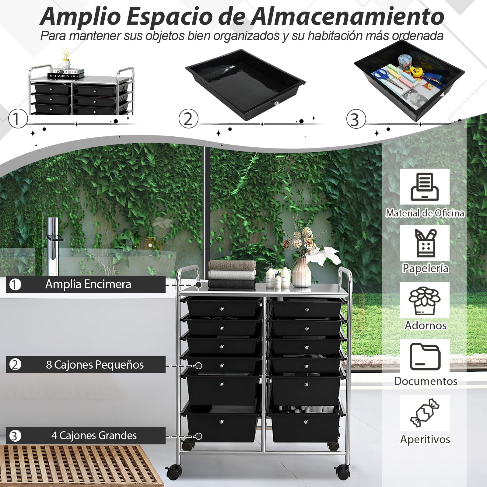 COSTWAY Carrito Auxiliar con Ruedas, Mueble Auxiliar Cocina con 12 Cajones Apilables, Carrito Organizador de Estructura Metálica para Cocina Oficina, Baño (Negro)