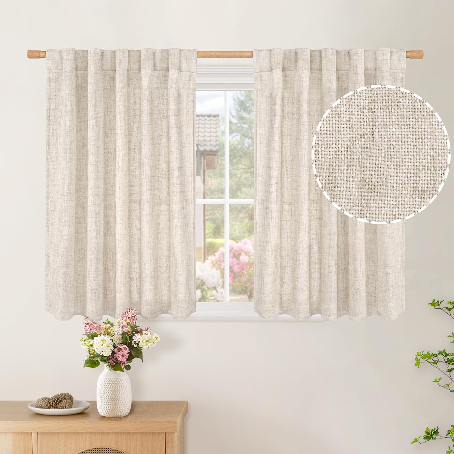 BGment Small Linen Curtains 36 Inch Length for Cafe, Semi Sheer Half Textured Drapes with Rod Pocket Back Tab Rustic Light Filtering for Bathroom Kitchen Window Over Sink, 2 Panels Set, 42 X 36 Inch 42"W x 36"L (Pack of 2) Linen
