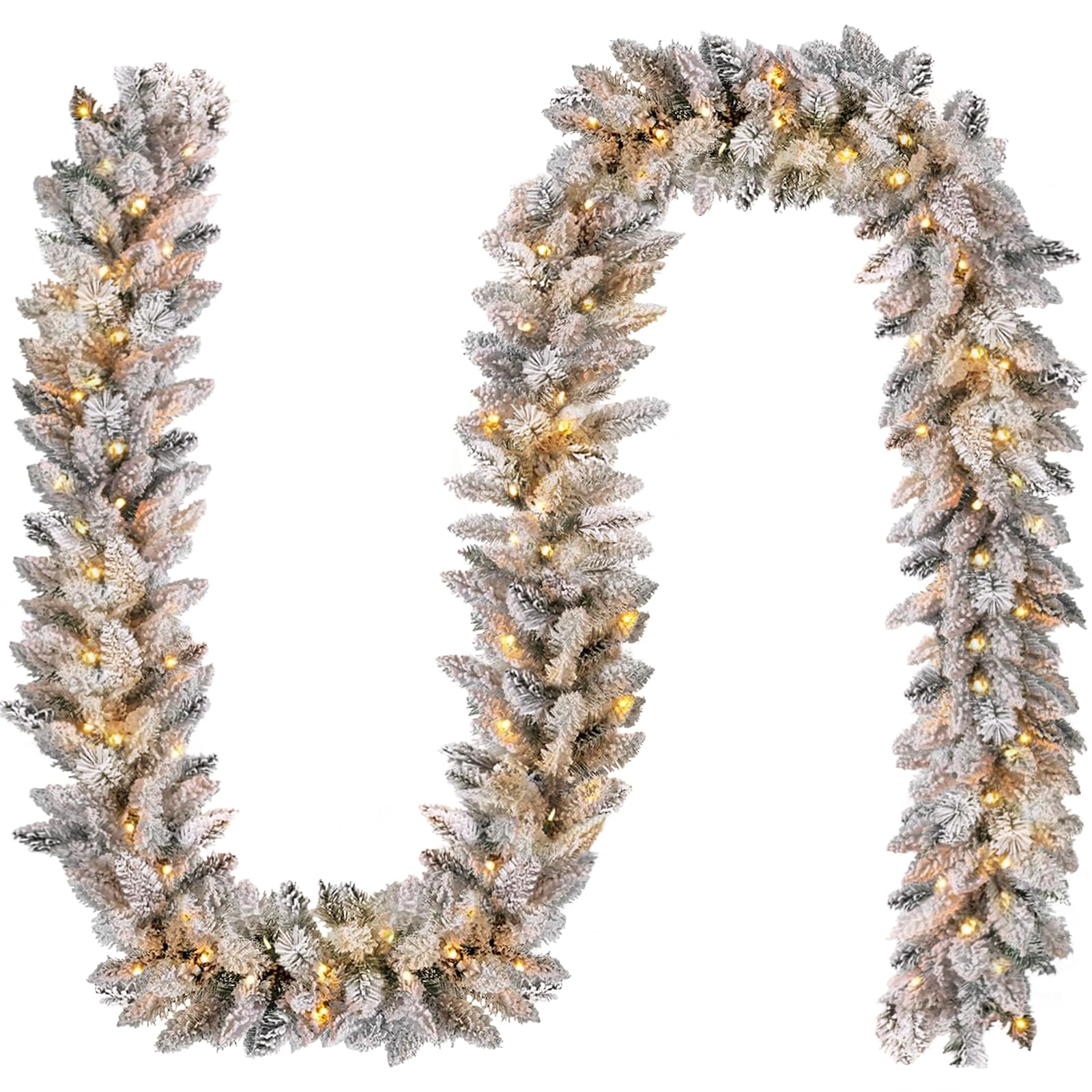 KOIUEYW Guirlande de Noël artificielle à paillettes avec LED chaudes pour cheminée, escaliers, décoration de fête en plein air, neige floquée - 2,7 m