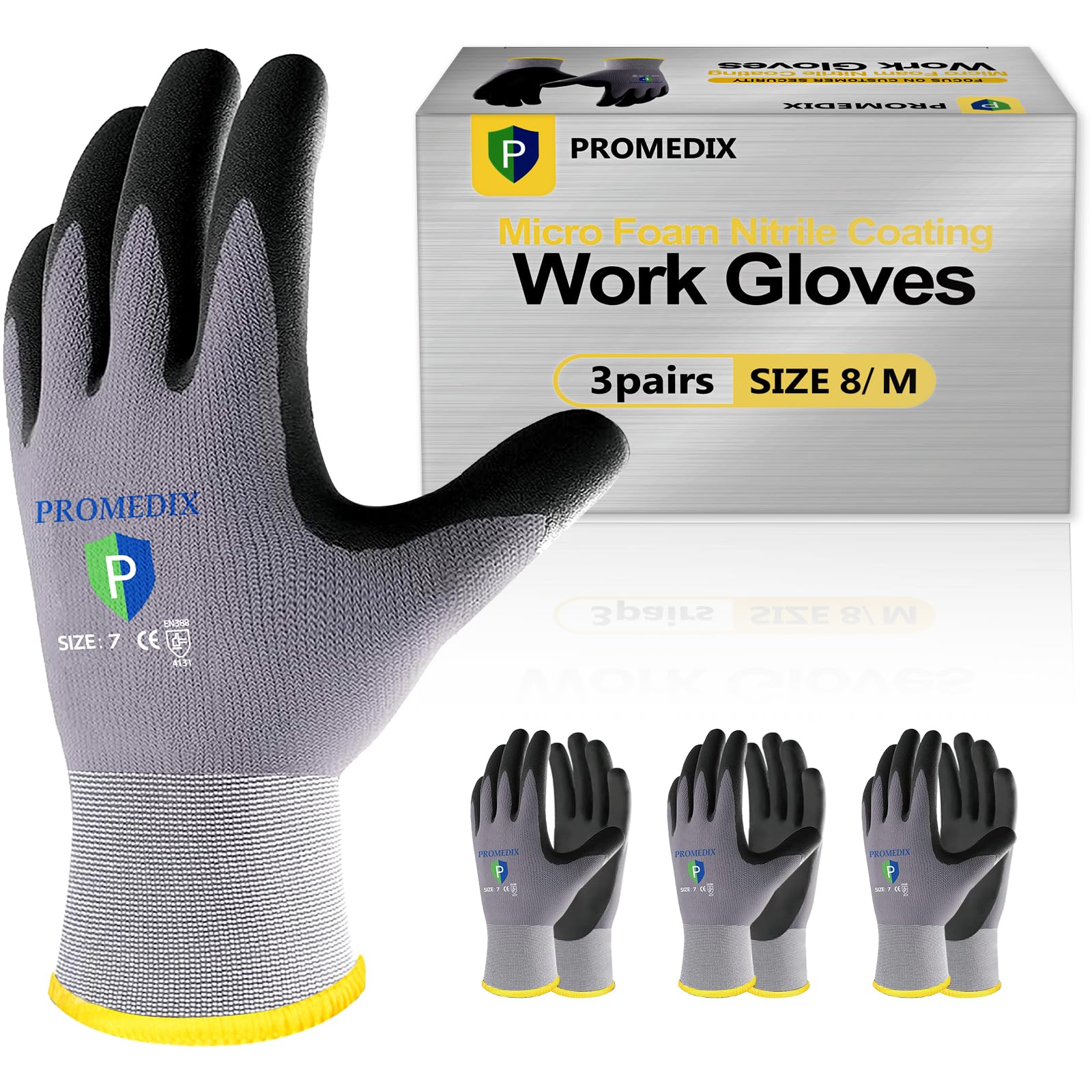 Work Gloves 3/12/36-pairs, EN388-4131 MicroFoam Nitrile Coated,Seamless Knit Nylon,Working Gloves with Grip