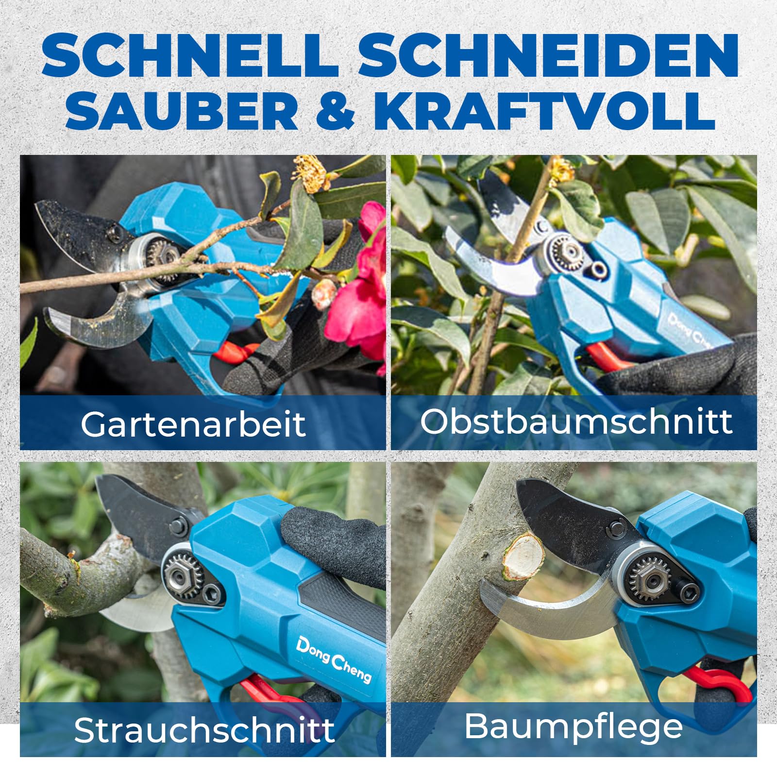 Dong Cheng Akku Astschere mit 2x 2,0Ah Akkus, Bürstenloser Motor, 4 Gänge bis 35 mm, 20V Akku Gartenschere, SK5-Klinge - für Obstbäume, Gartenpflege, Sträucher