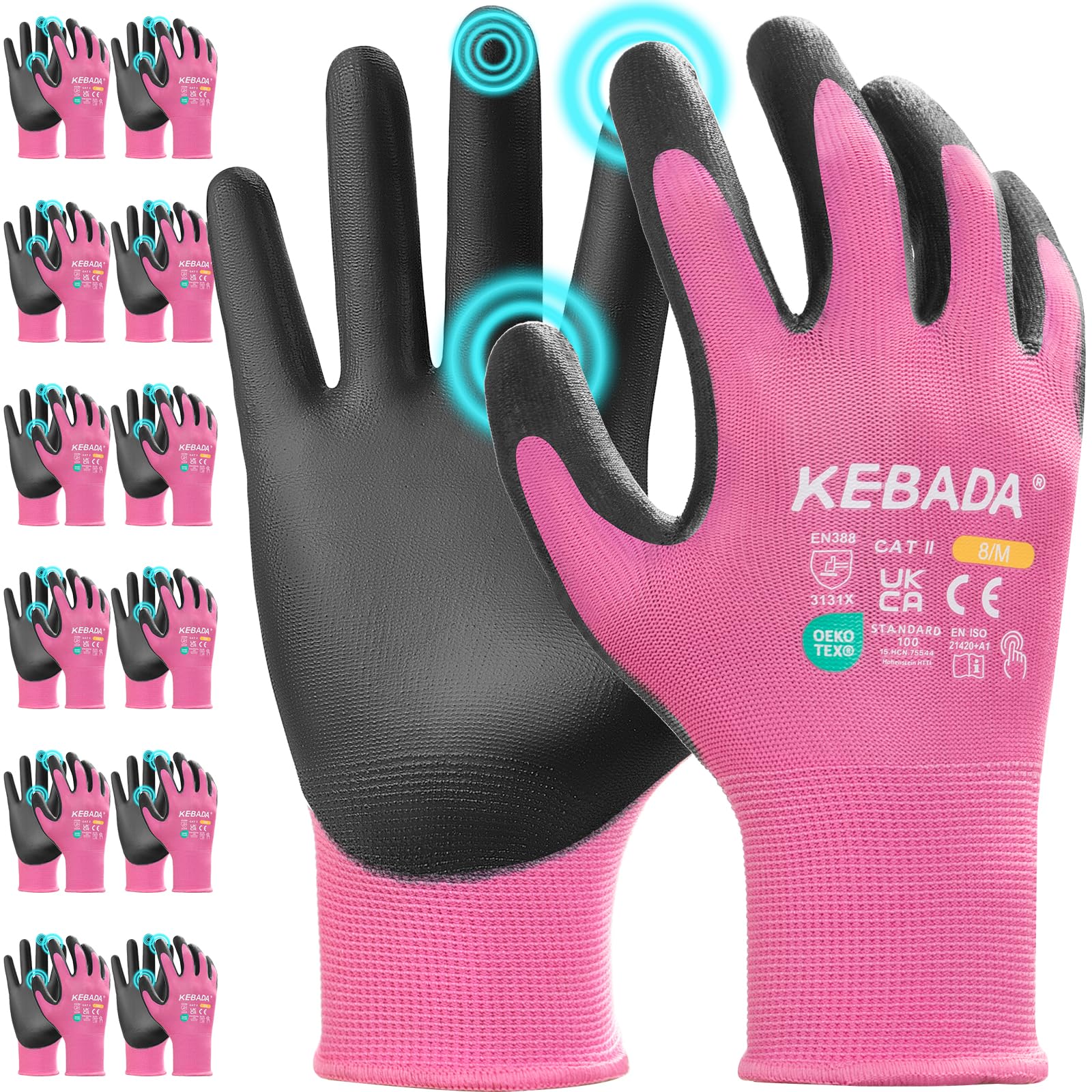 Kebada Arbeits Handschuhe für Männer und Frauen, PU-beschichtete Touchscreen-Sicherheitshandschuhe mit Grip, ideal für Gartenarbeit, Mechaniker, Lager, Fahren, Bau, Fertigung, Rosa, 12 Paar, M